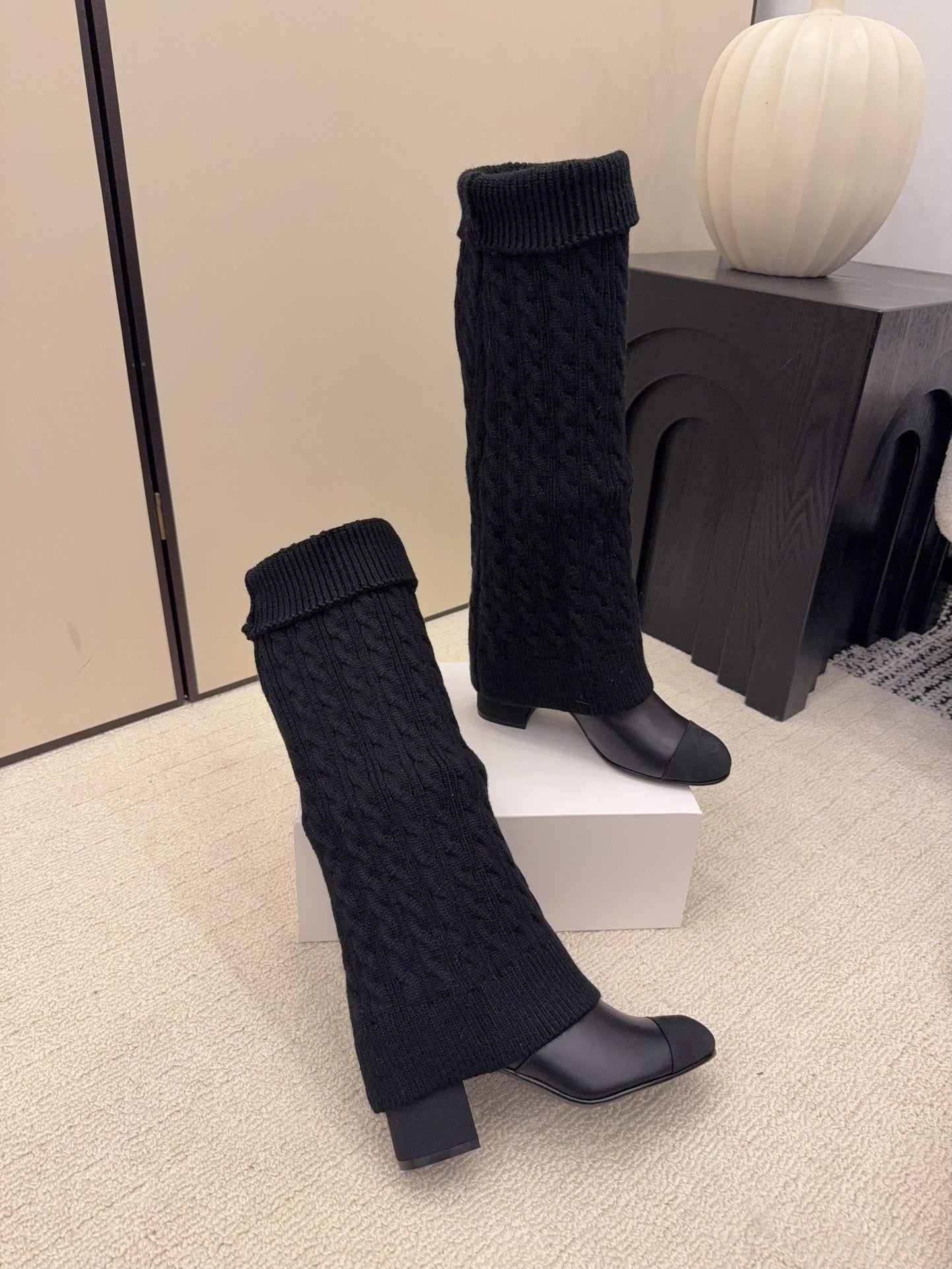 CC 26 Boot With Sock Detail Black Wool Leather 588842