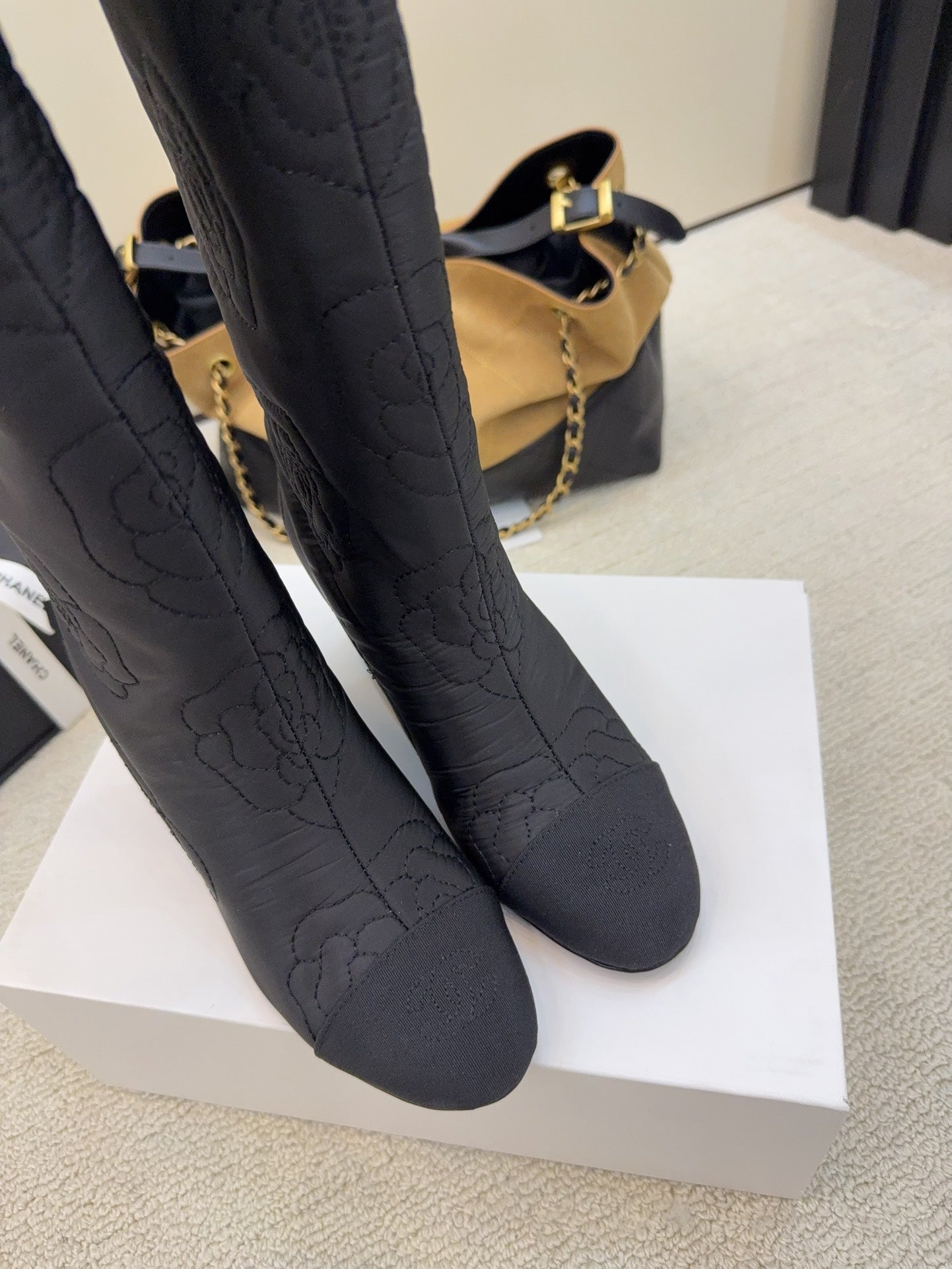 CC 26 Wedge Boot With Quilted Camellia Pattern Black Fabric 588892