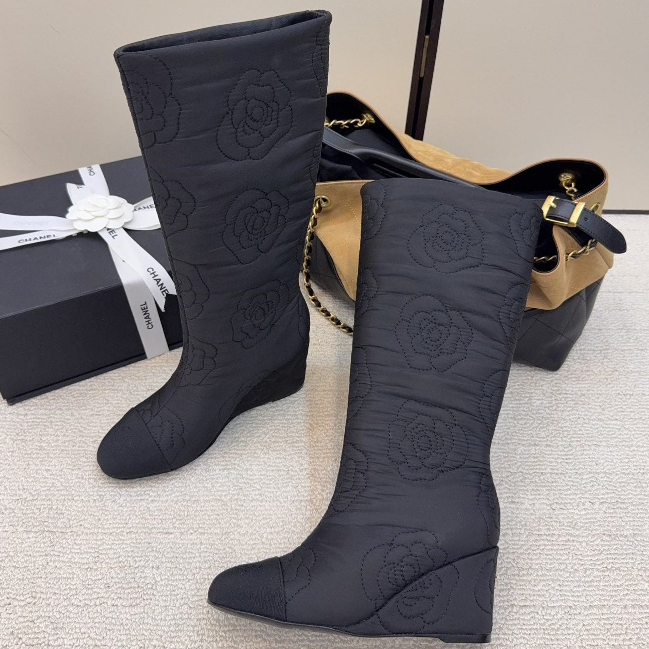 CC 26 Wedge Boot With Quilted Camellia Pattern Black Fabric 588892