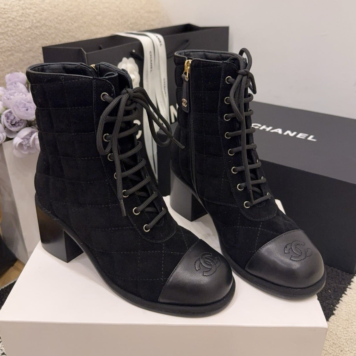 CC 26 Quilted Lace-up Boot Black Suede Calfskin 588816