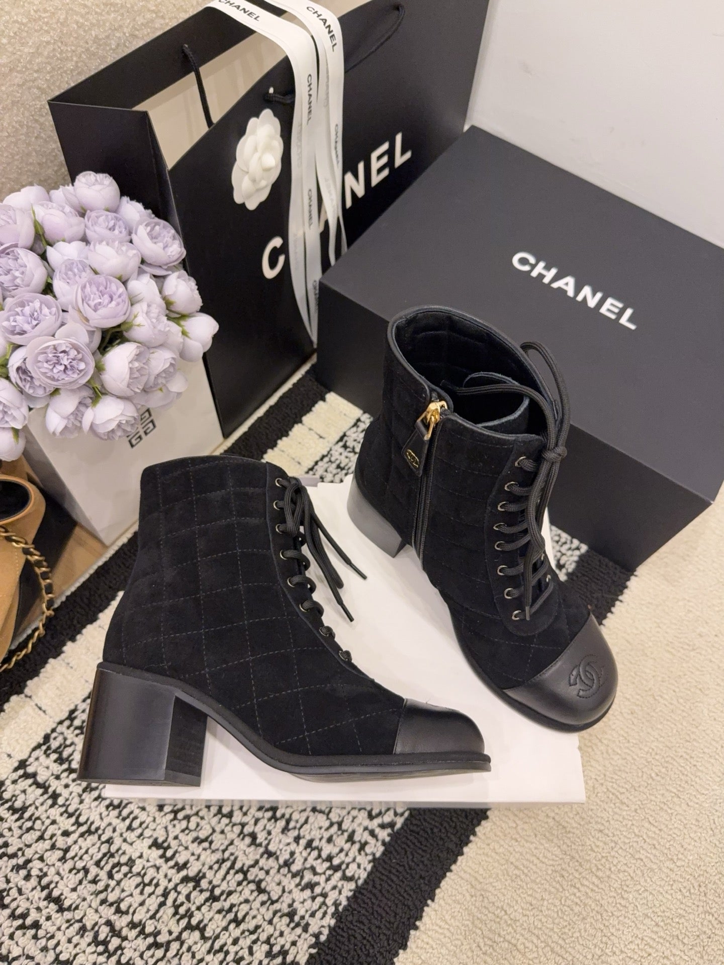 CC 26 Quilted Lace-up Boot Black Suede Calfskin 588816