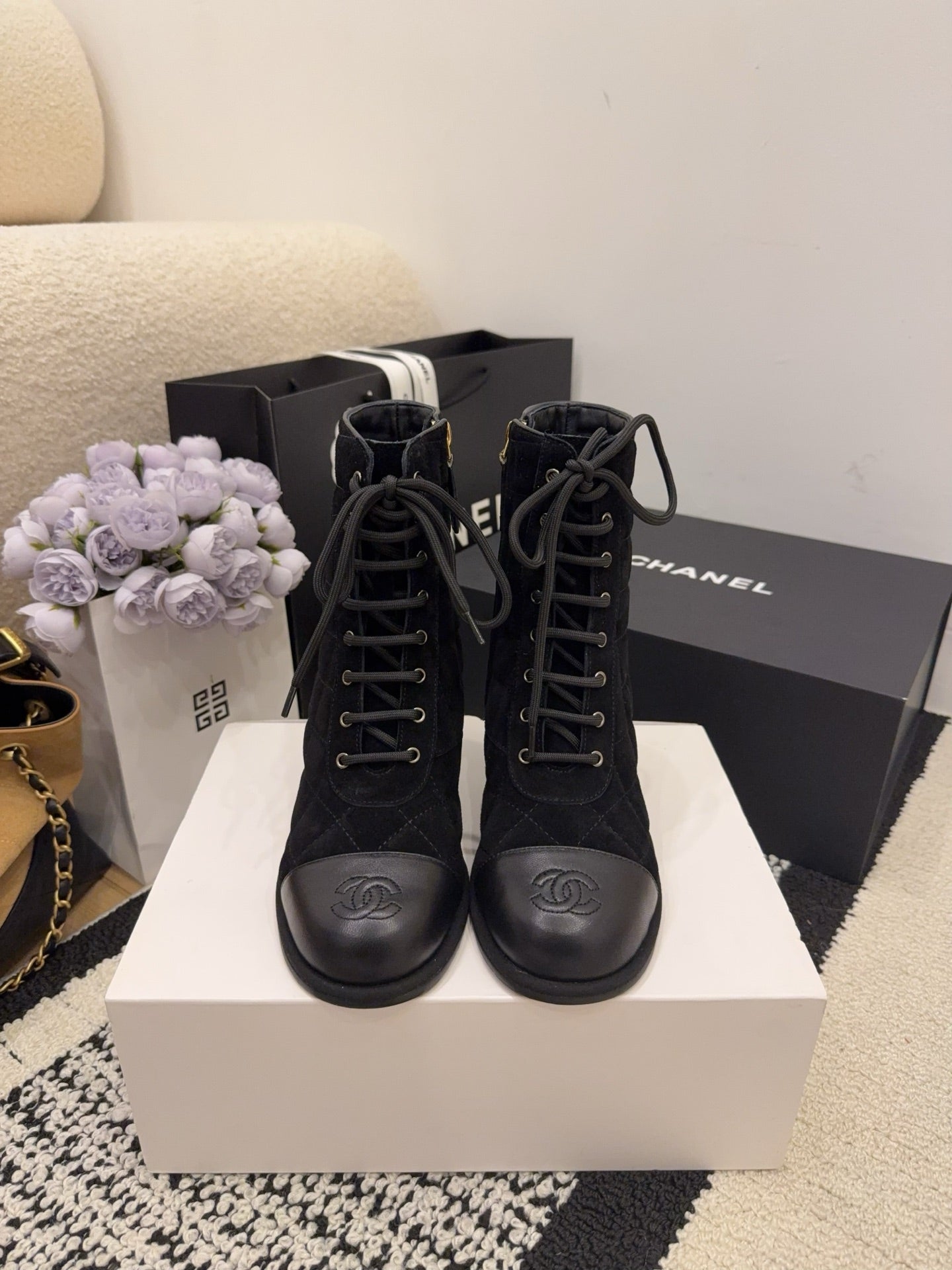 CC 26 Quilted Lace-up Boot Black Suede Calfskin 588816