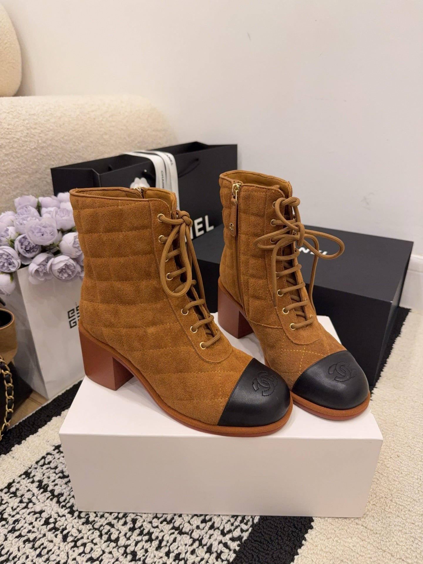 CC 26 Quilted Lace-up Boot Brown Black Suede Calfskin 588817