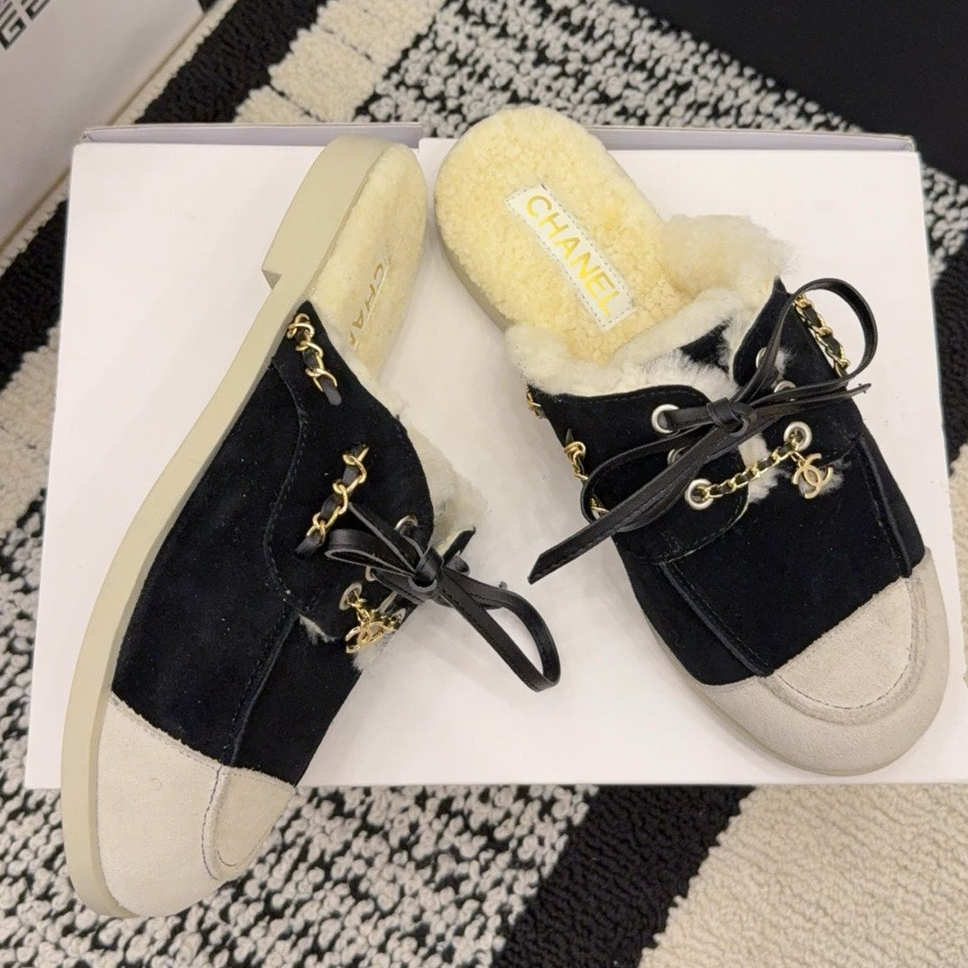 CC 26 Shearling Slip-on Loafer Black White Suede Wool 588718