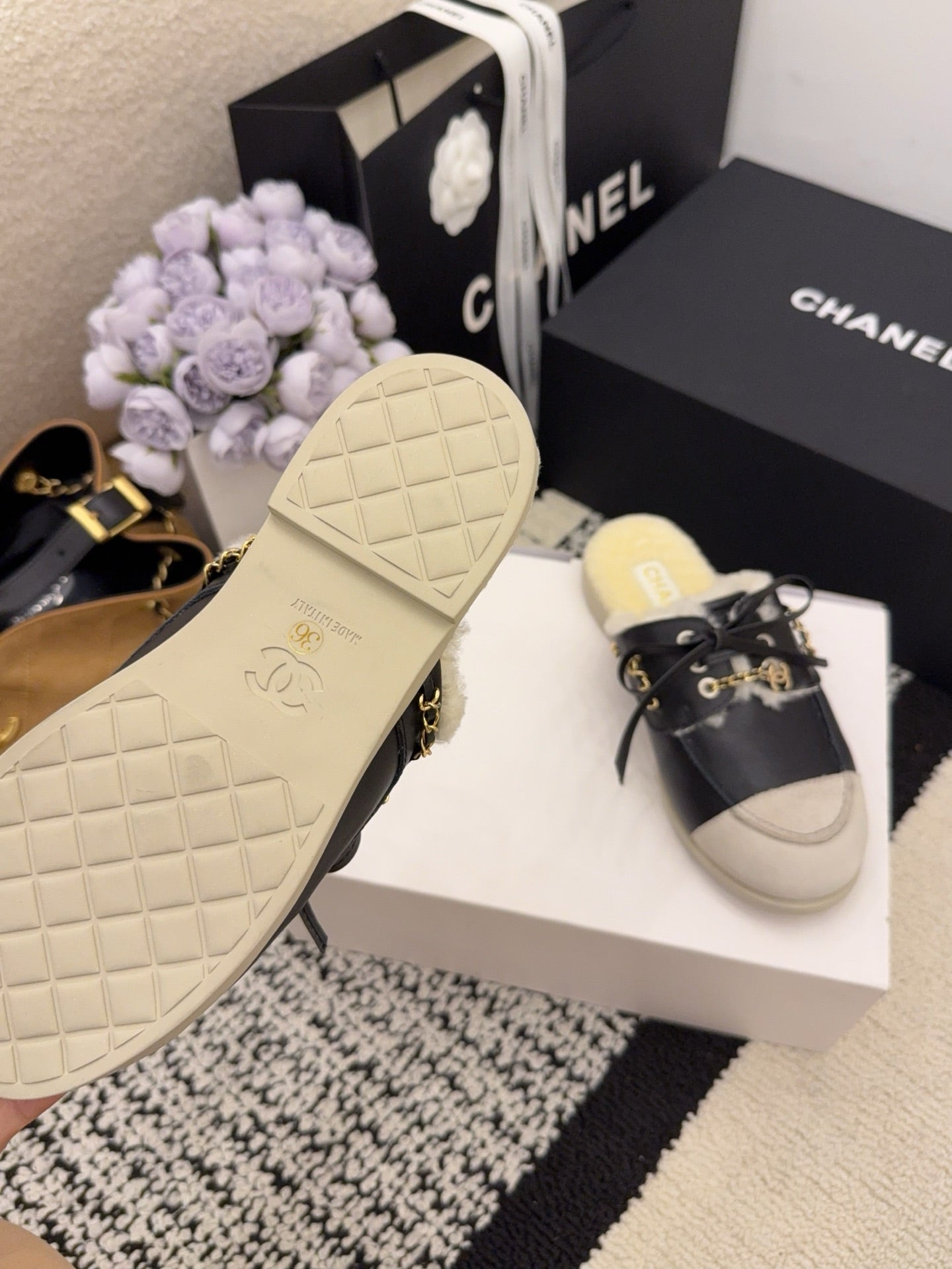 CC 26 Shearling Slip-on Loafer Black White Leather Wool 588719