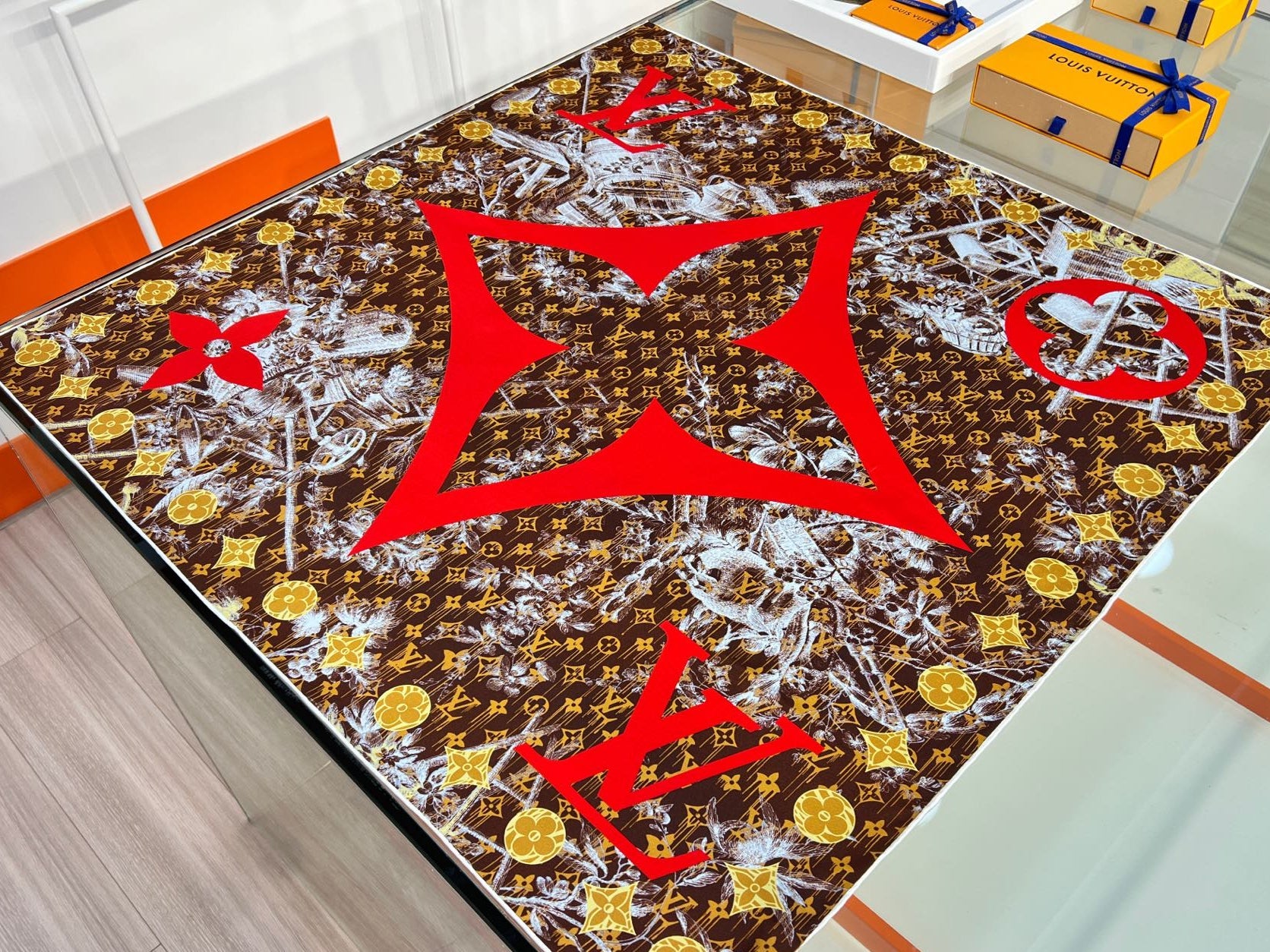 LV Double Sided Scarf 90 Brown Red Mulberry Silk 168820