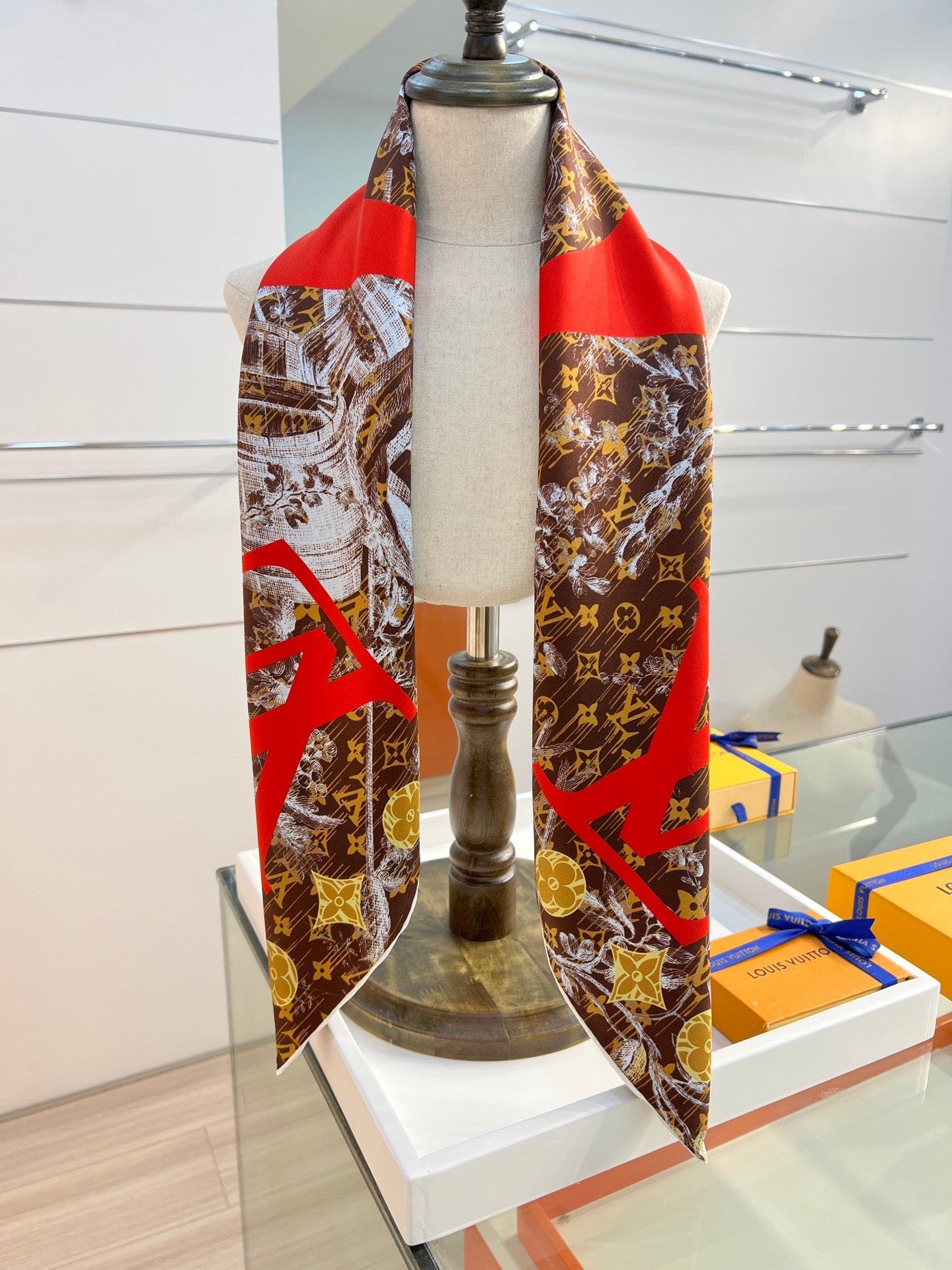 LV Double Sided Scarf 90 Brown Red Mulberry Silk 168820