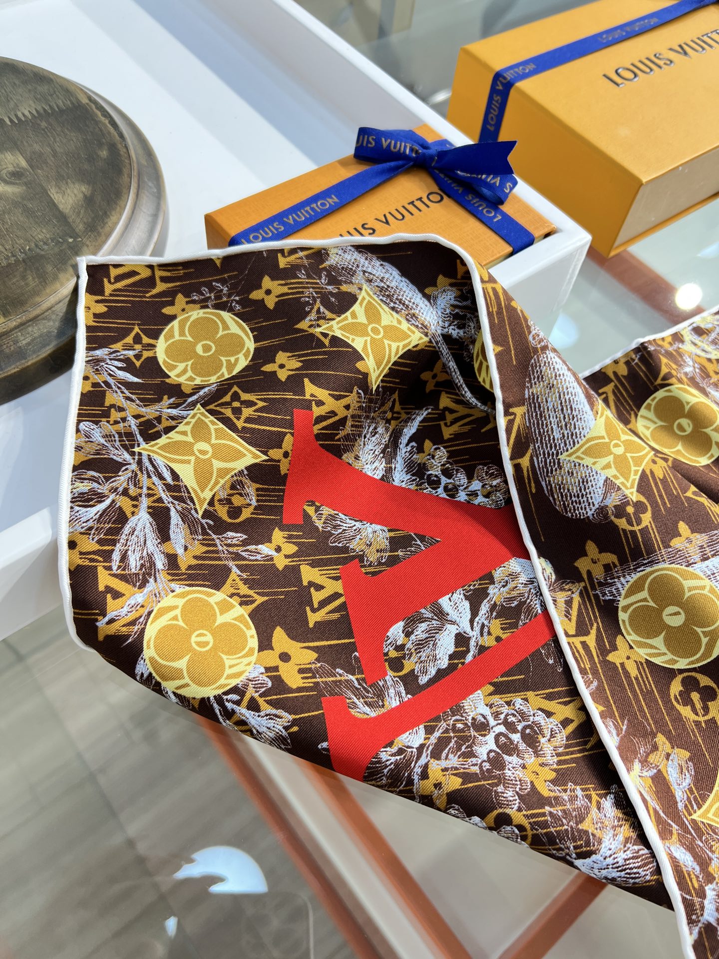 LV Double Sided Scarf 90 Brown Red Mulberry Silk 168820