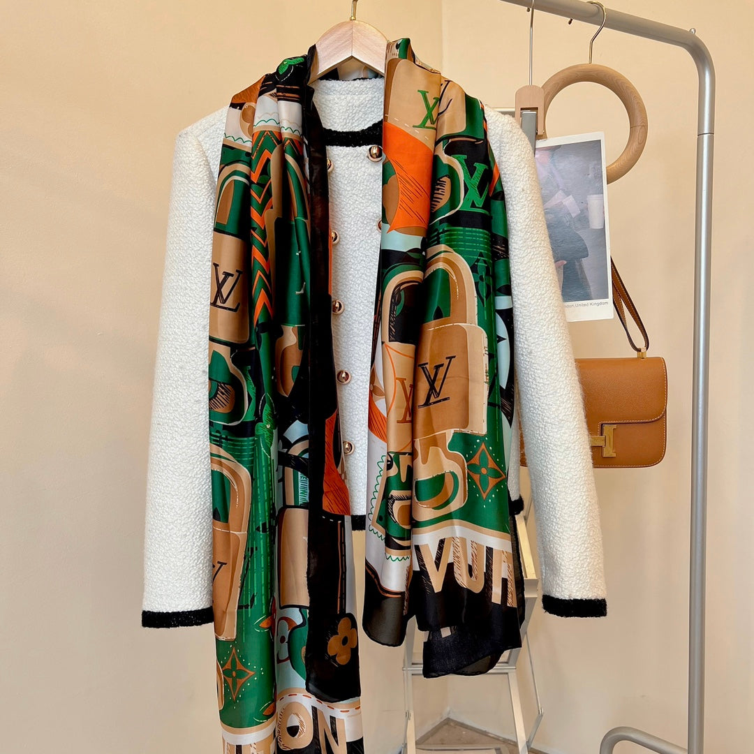 LV Long Scarf 180 Black Green Beige Colorful Mulberry Silk 172987