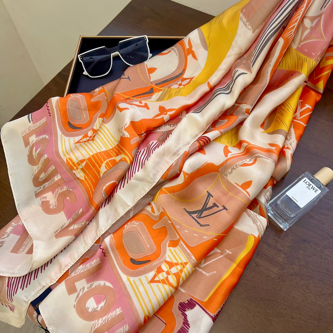LV Long Scarf 180 Pink Orange Colorful Mulberry Silk 172988