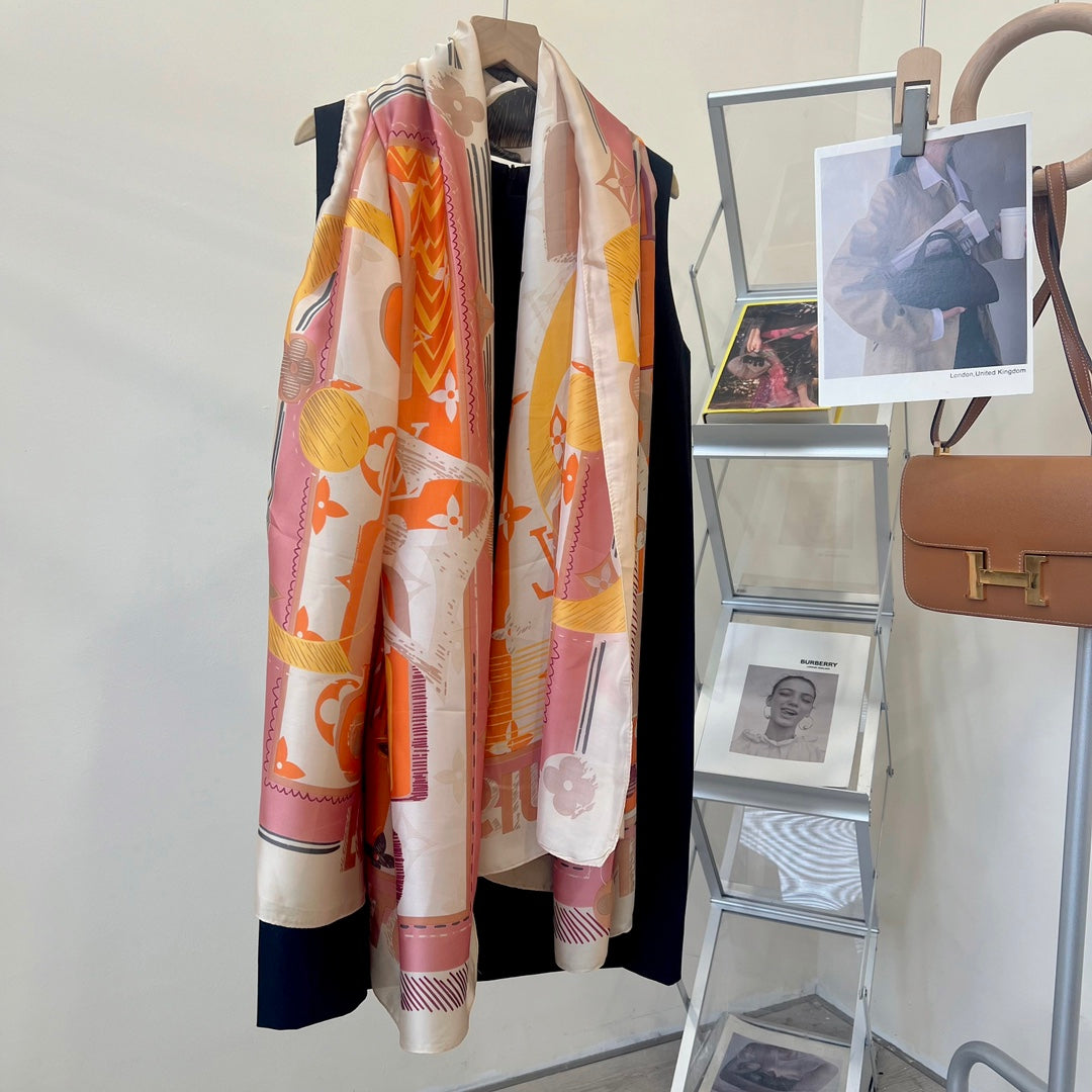 LV Long Scarf 180 Pink Orange Colorful Mulberry Silk 172988