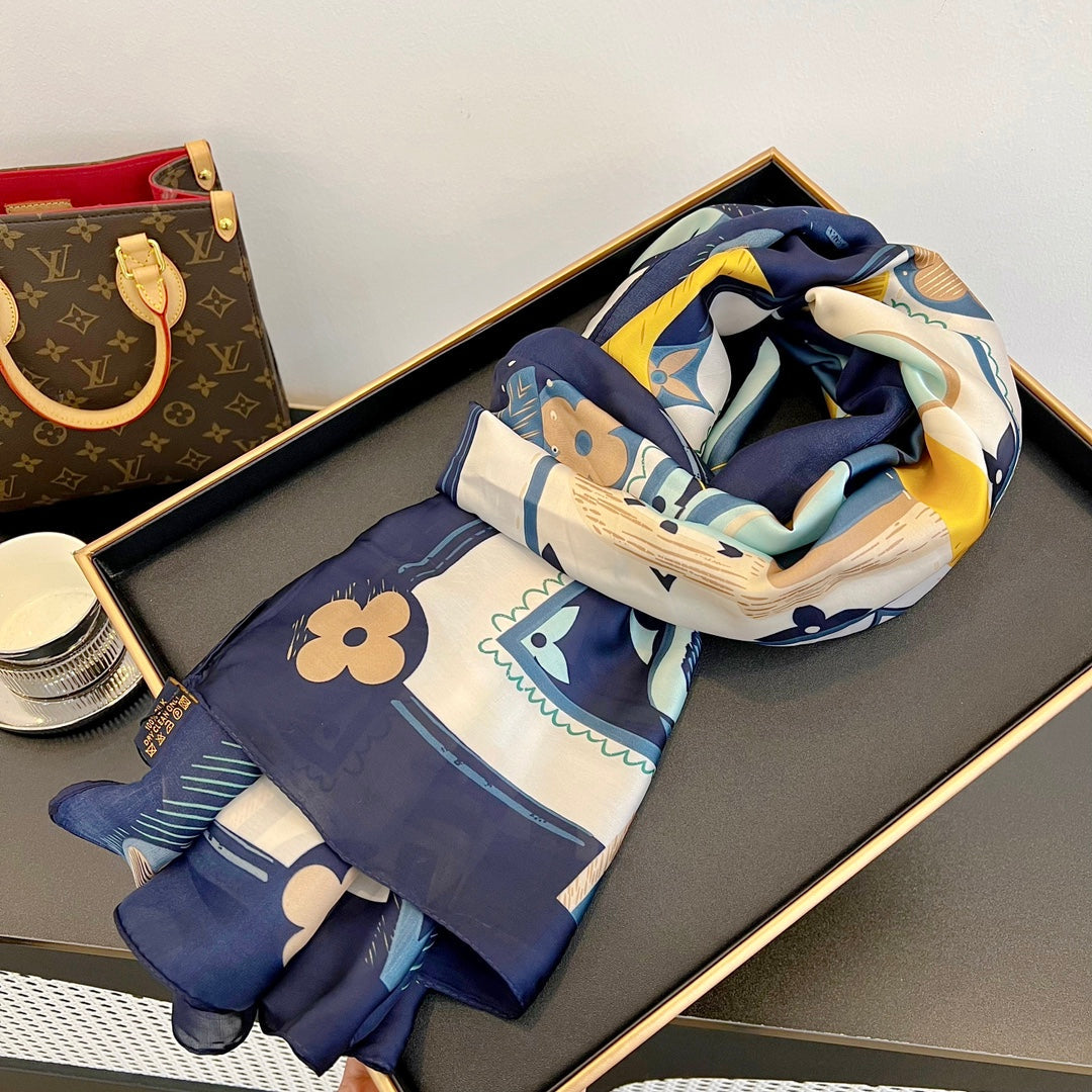 LV Long Scarf 180 Navy Blue Beige Colorful Mulberry Silk 172989