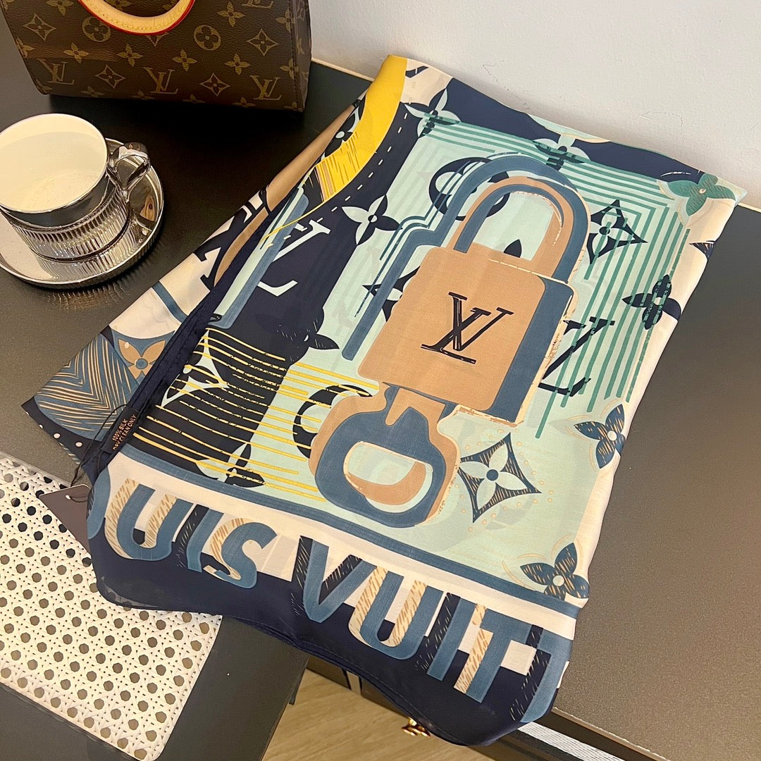 LV Long Scarf 180 Navy Blue Beige Colorful Mulberry Silk 172989