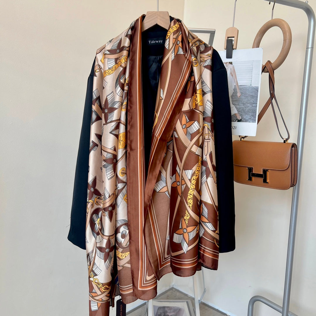 LV Long Scarf 180 Brown Beige Colorful Mulberry Silk 172984