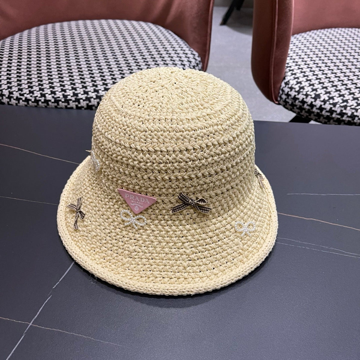 Prada Raffia Bow Knot Fisherman Hat 512516