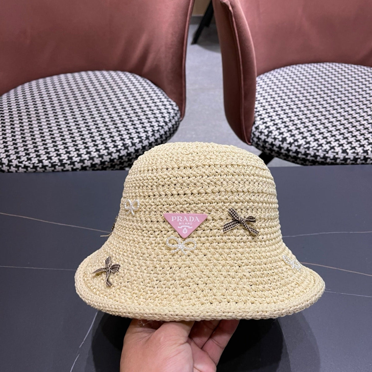 Prada Raffia Bow Knot Fisherman Hat 512516