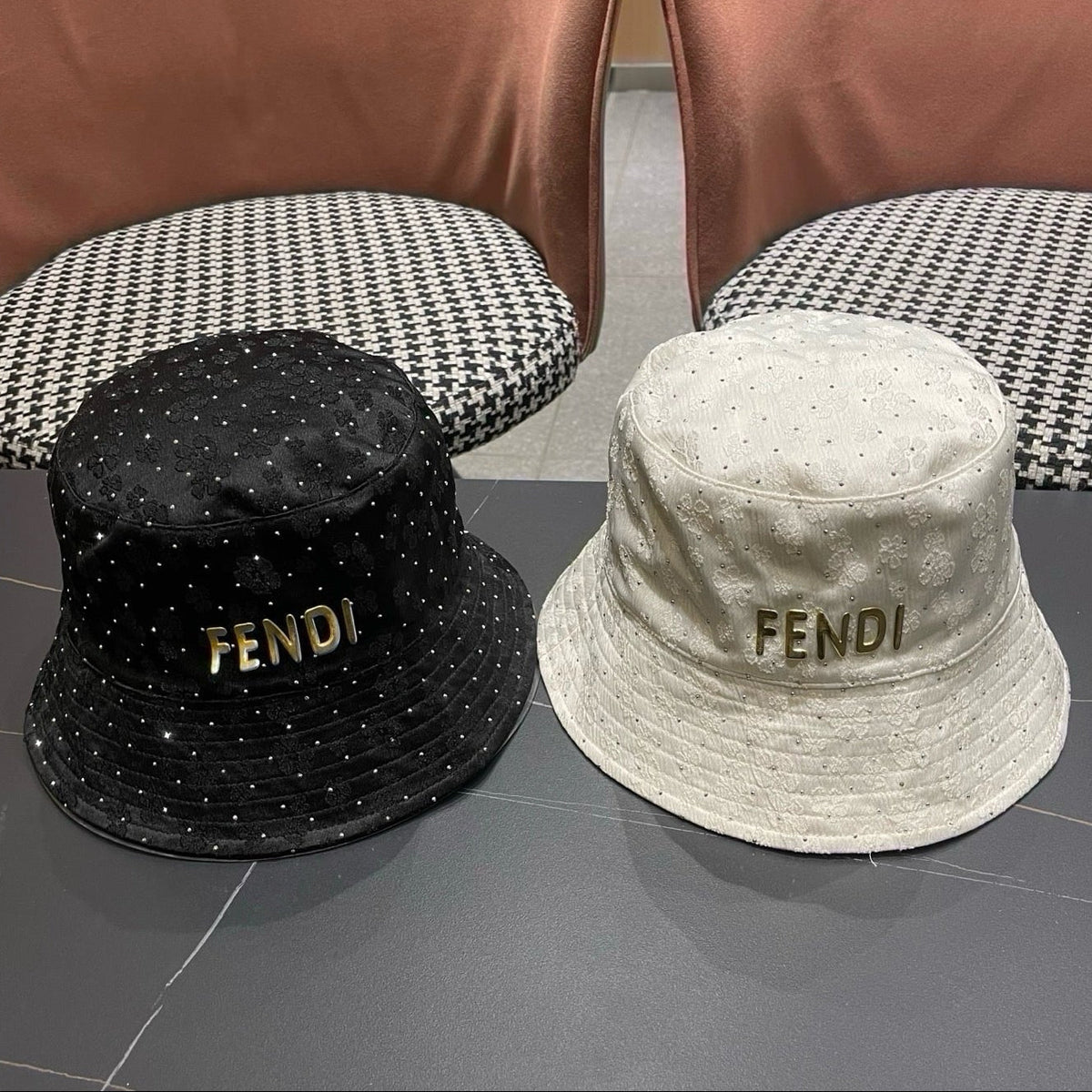 Fendi Rhinestone Embroidered Fabric Bucket Hat 491651