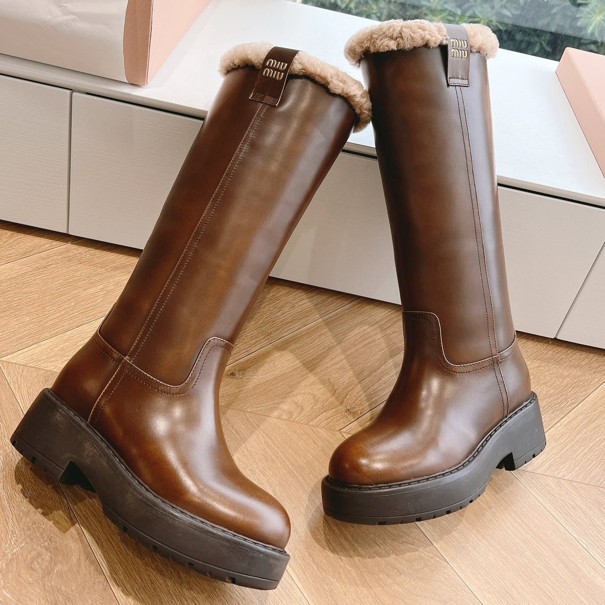 Miu Miu 2026 Shearling-Lined Knee-High Boots Brown Cowhide 994238