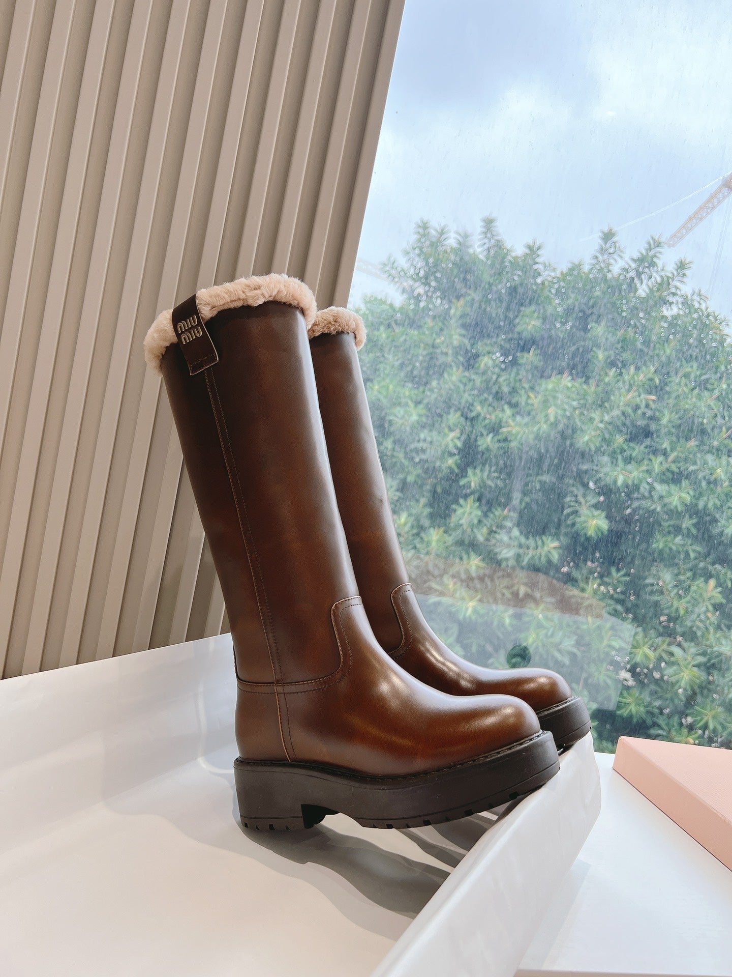 Miu Miu 2026 Shearling-Lined Knee-High Boots Brown Cowhide 994238