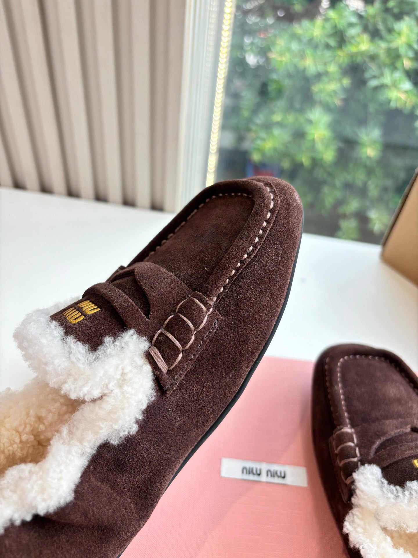 Miu Miu 2026 Ruches Shearling-Lined Penny Loafers Suede 994149