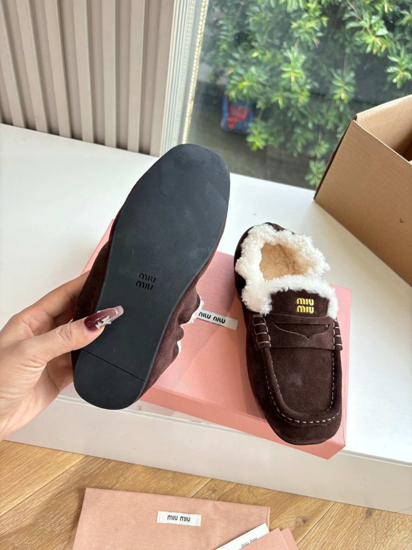 Miu Miu 2026 Ruches Shearling-Lined Penny Loafers Suede 994149