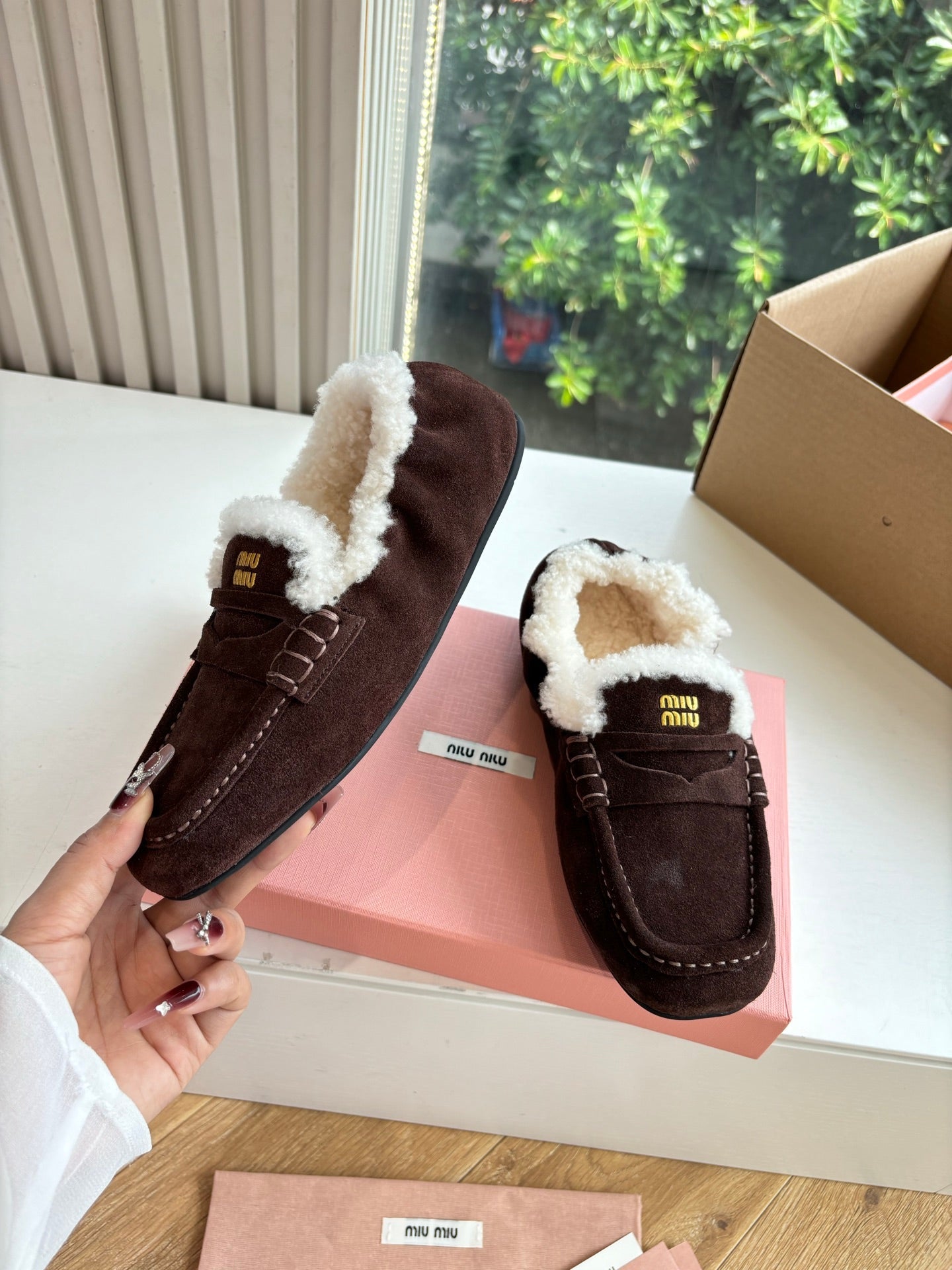 Miu Miu 2026 Ruches Shearling-Lined Penny Loafers Suede 994149