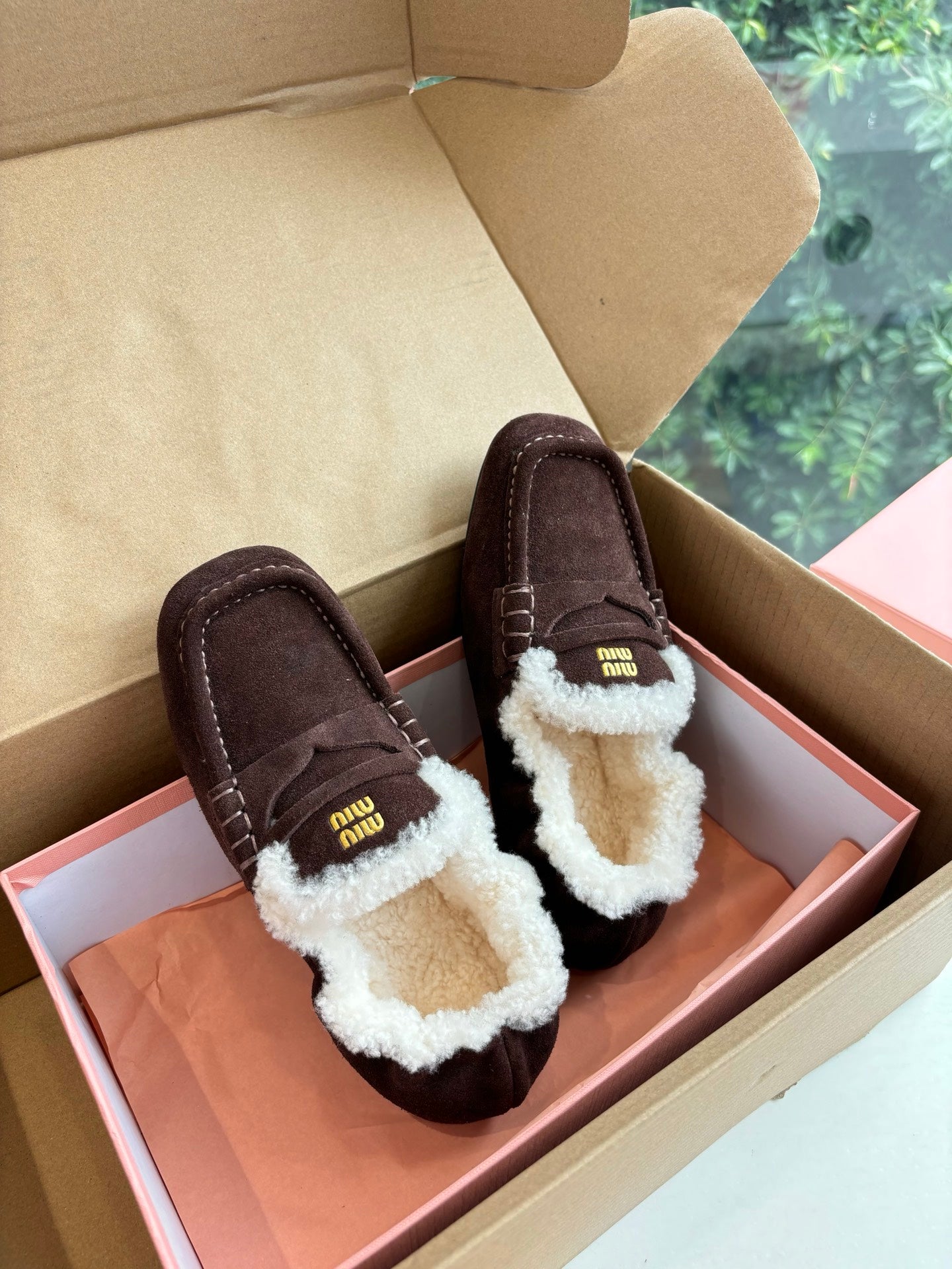 Miu Miu 2026 Ruches Shearling-Lined Penny Loafers Suede 994149