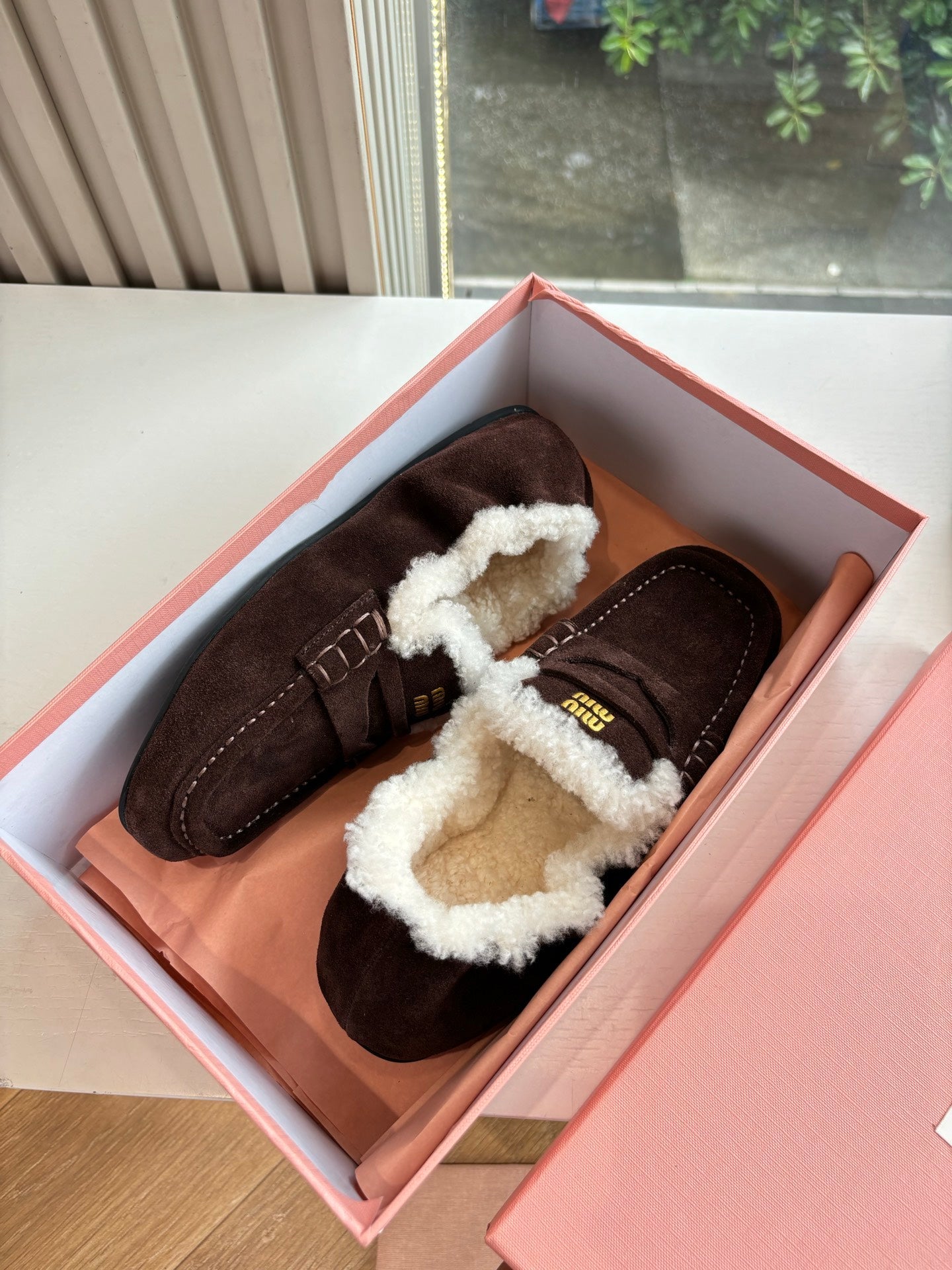Miu Miu 2026 Ruches Shearling-Lined Penny Loafers Suede 994149