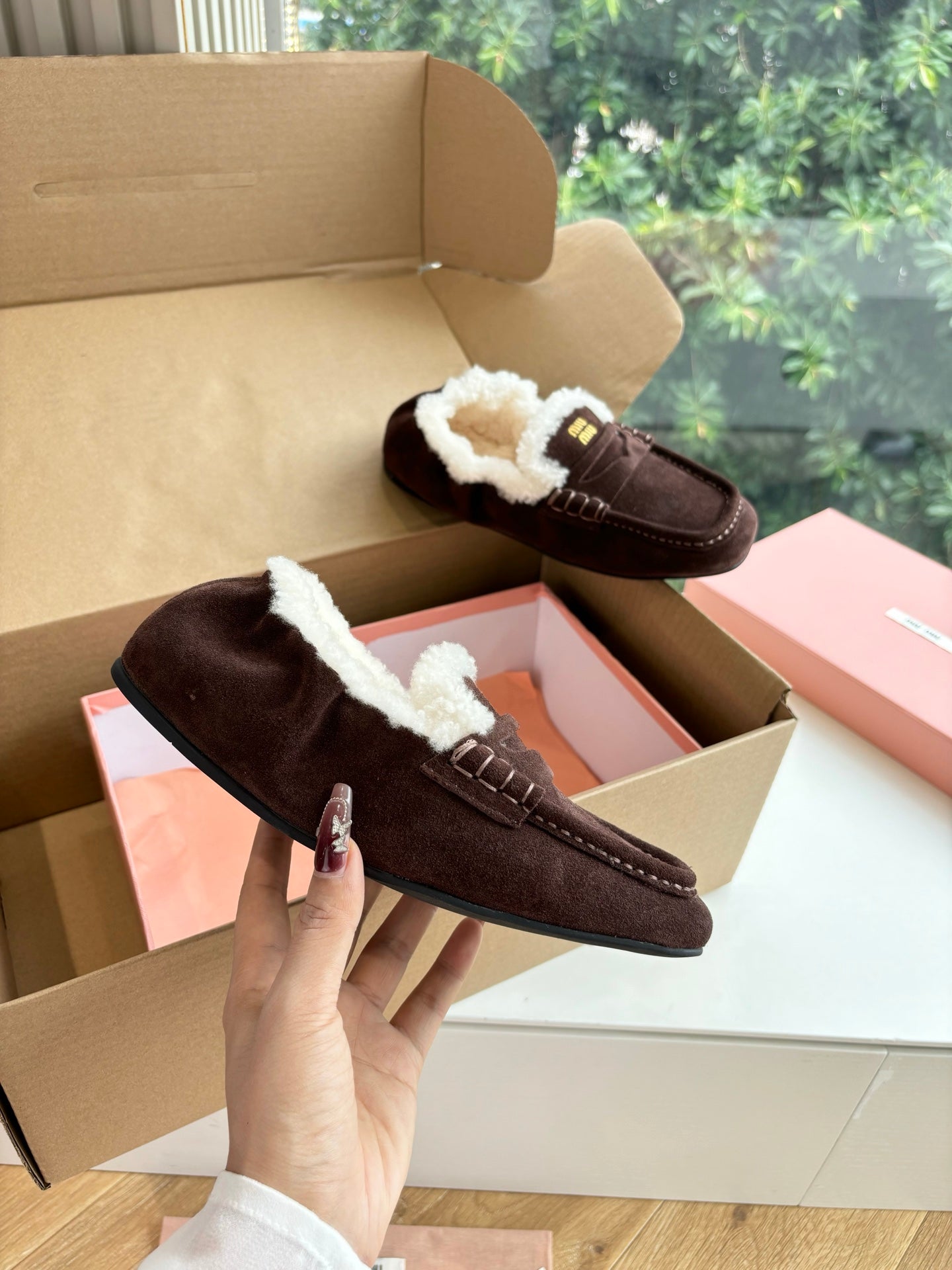 Miu Miu 2026 Ruches Shearling-Lined Penny Loafers Suede 994149