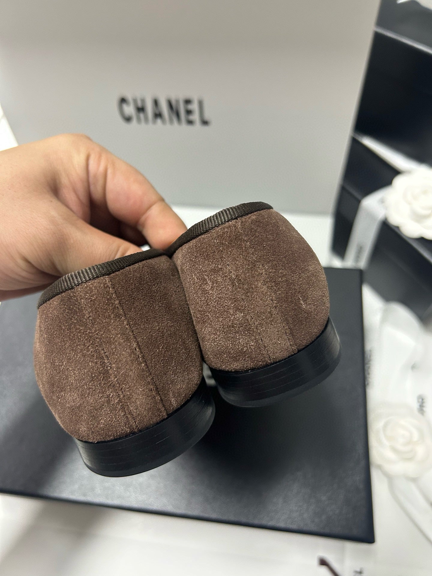 Chanel 25 Ballet Flat Black mix Brown Suede 490045