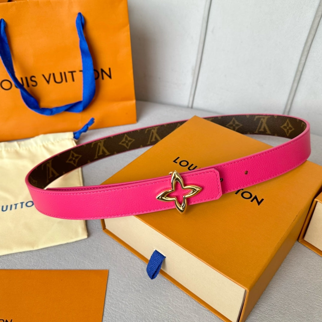LV Flowergram 30mm Reversible Belt Gold Buckle Hot Pink Brown Leather