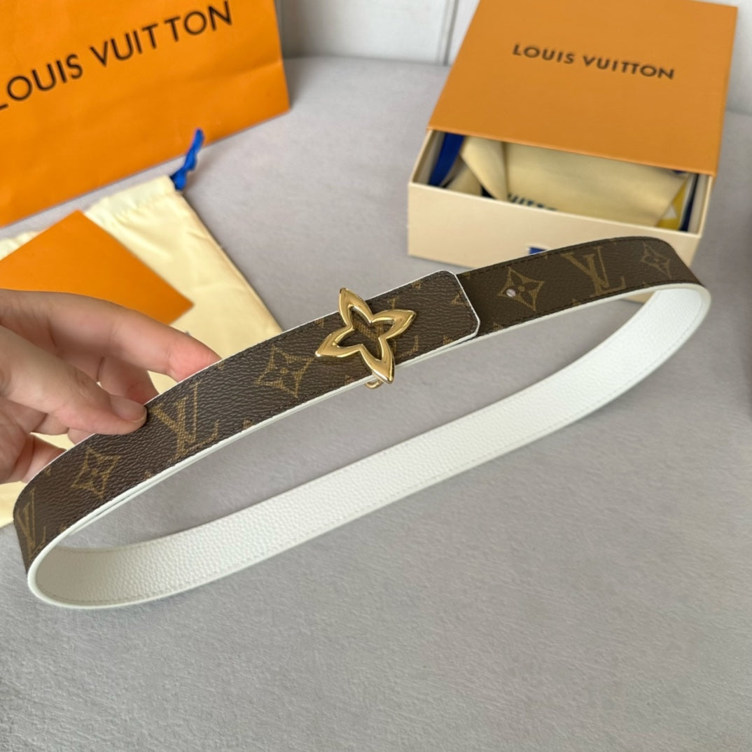 LV Flowergram 30mm Reversible Belt Gold Buckle White Brown Leather