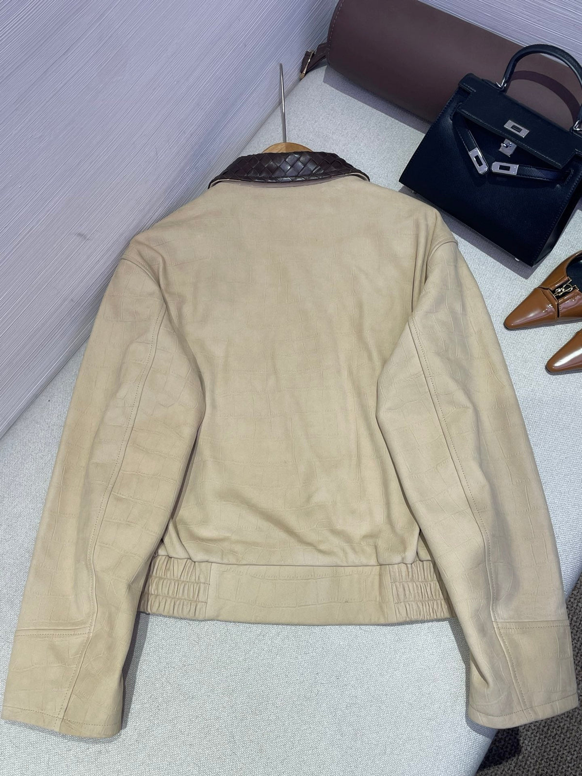 Bottega Veneta 2026 Crocodile Embossed Jacket Light Beige Leather 425329