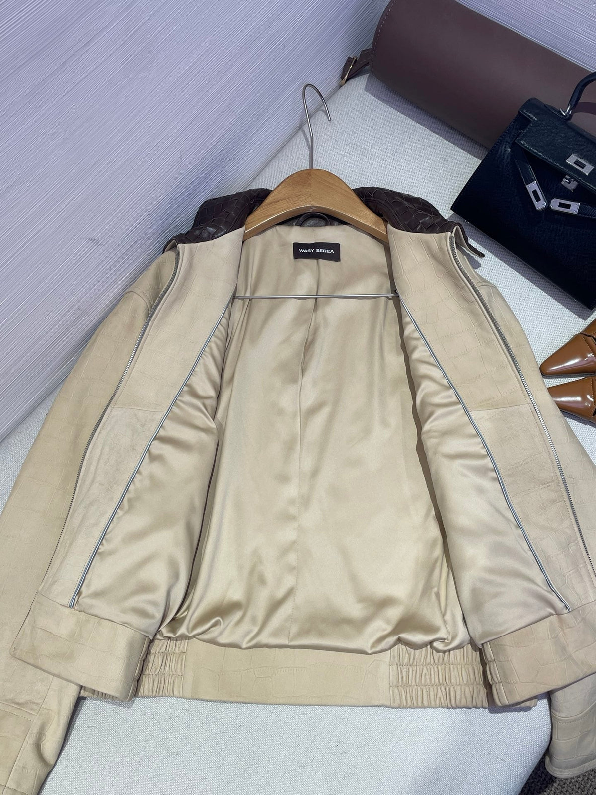 Bottega Veneta 2026 Crocodile Embossed Jacket Light Beige Leather 425329