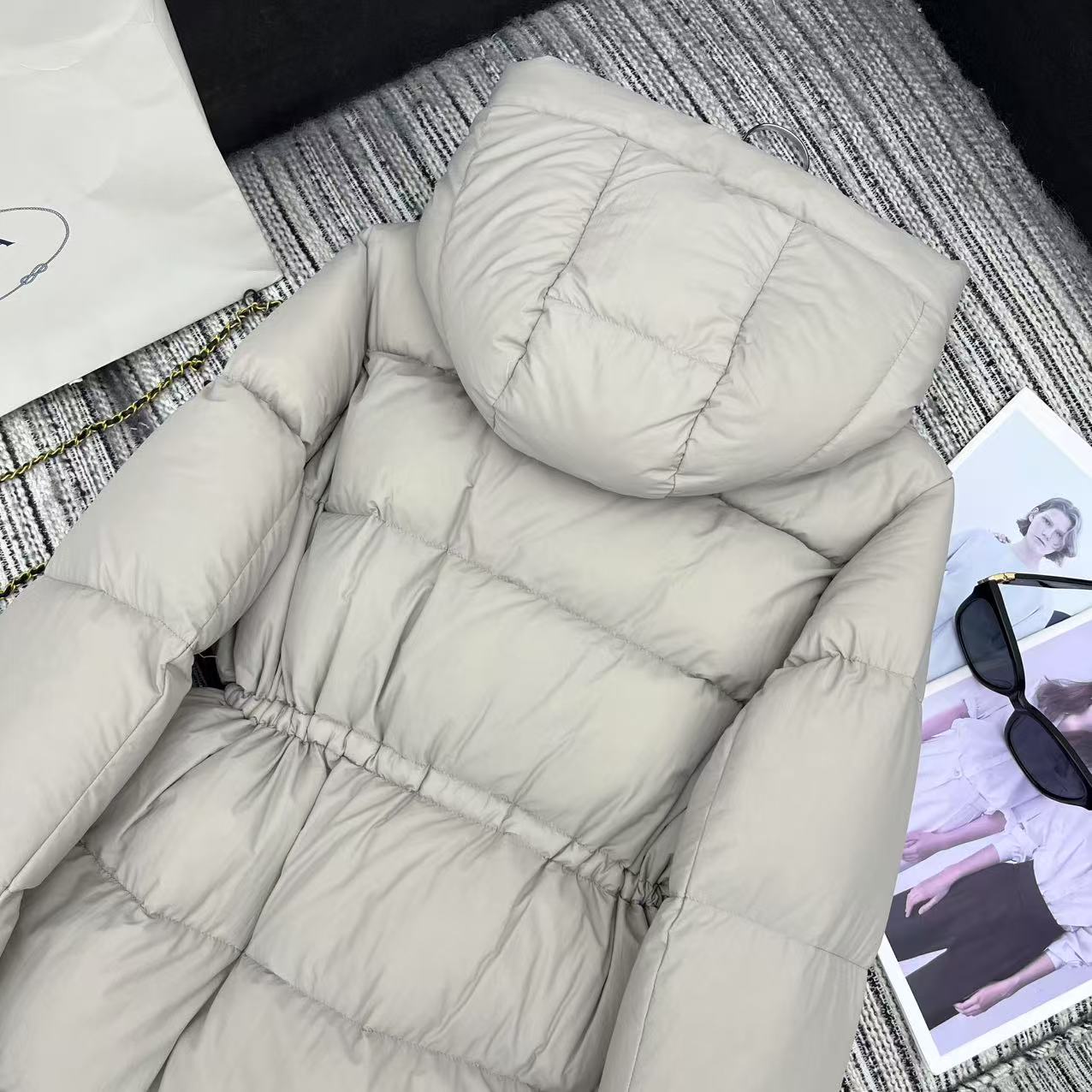 Prada 2025 Drawstring Waist Hooded Jacket Ivory Down Polyester