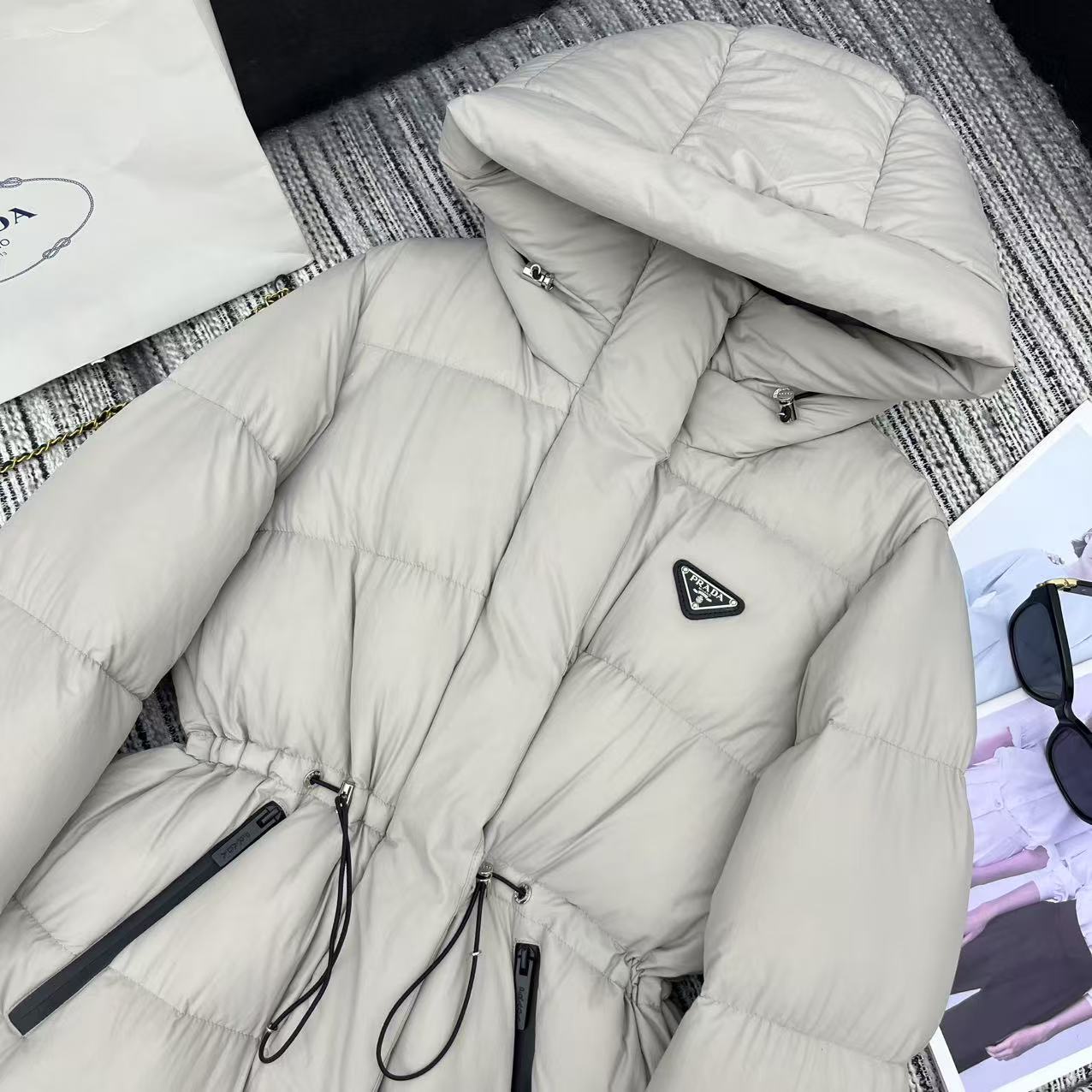 Prada 2025 Drawstring Waist Hooded Jacket Ivory Down Polyester