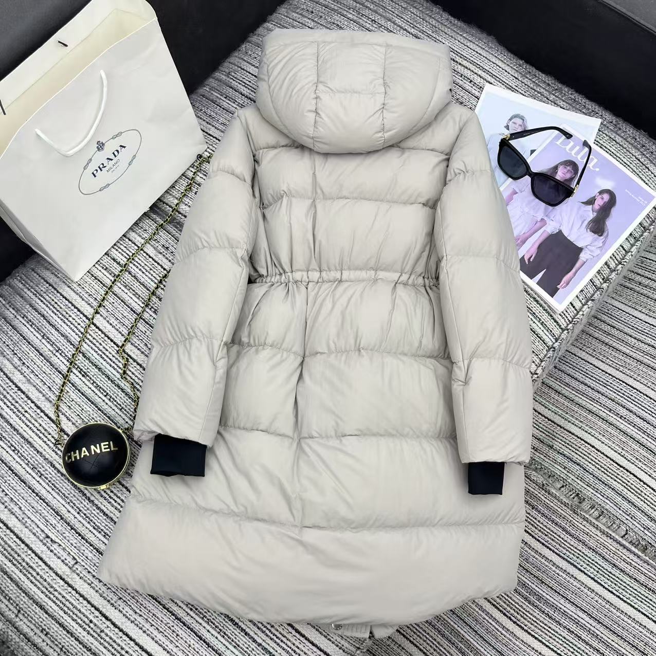 Prada 2025 Drawstring Waist Hooded Jacket Ivory Down Polyester