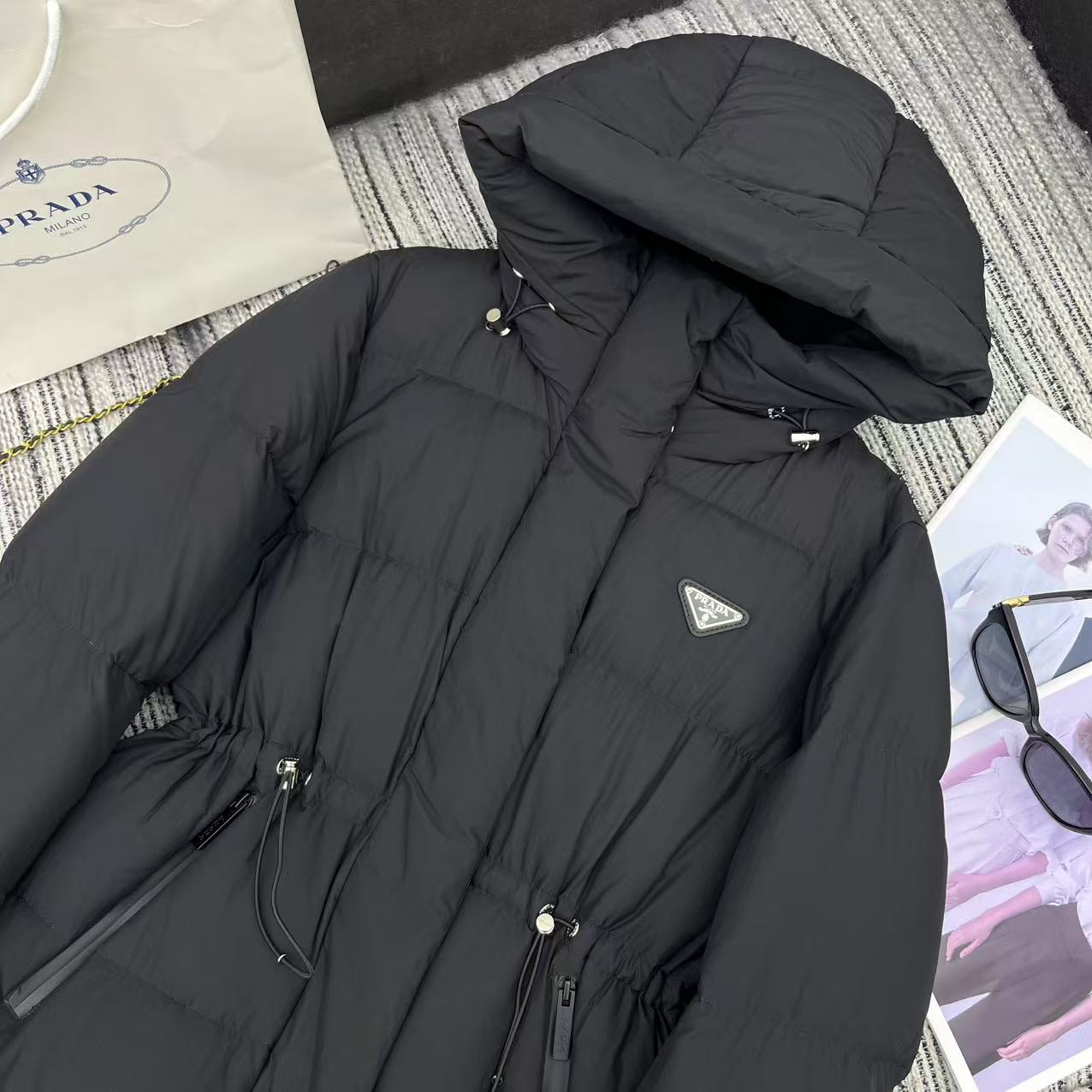 Prada 2025 Drawstring Waist Hooded Jacket Black Down Polyester