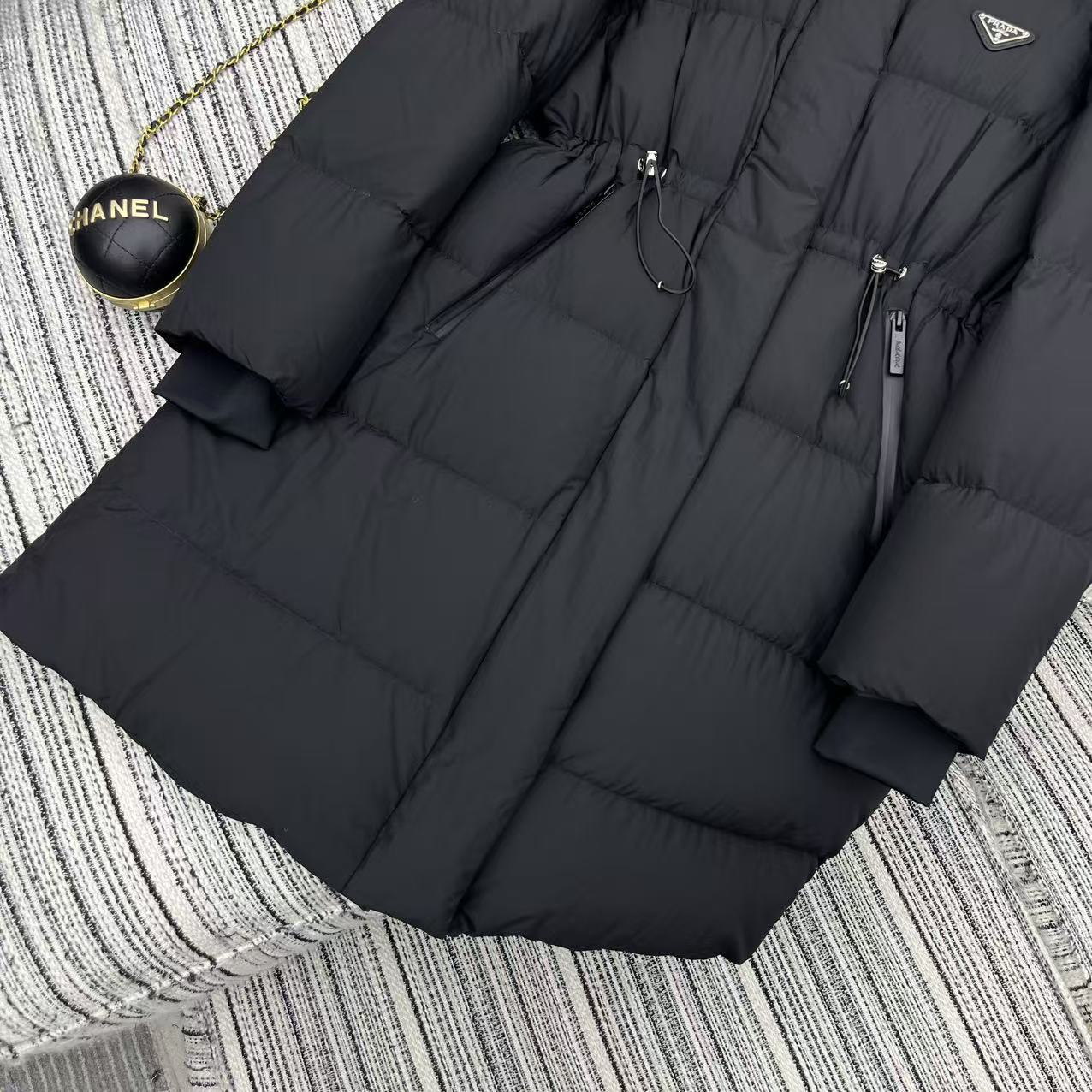 Prada 2025 Drawstring Waist Hooded Jacket Black Down Polyester