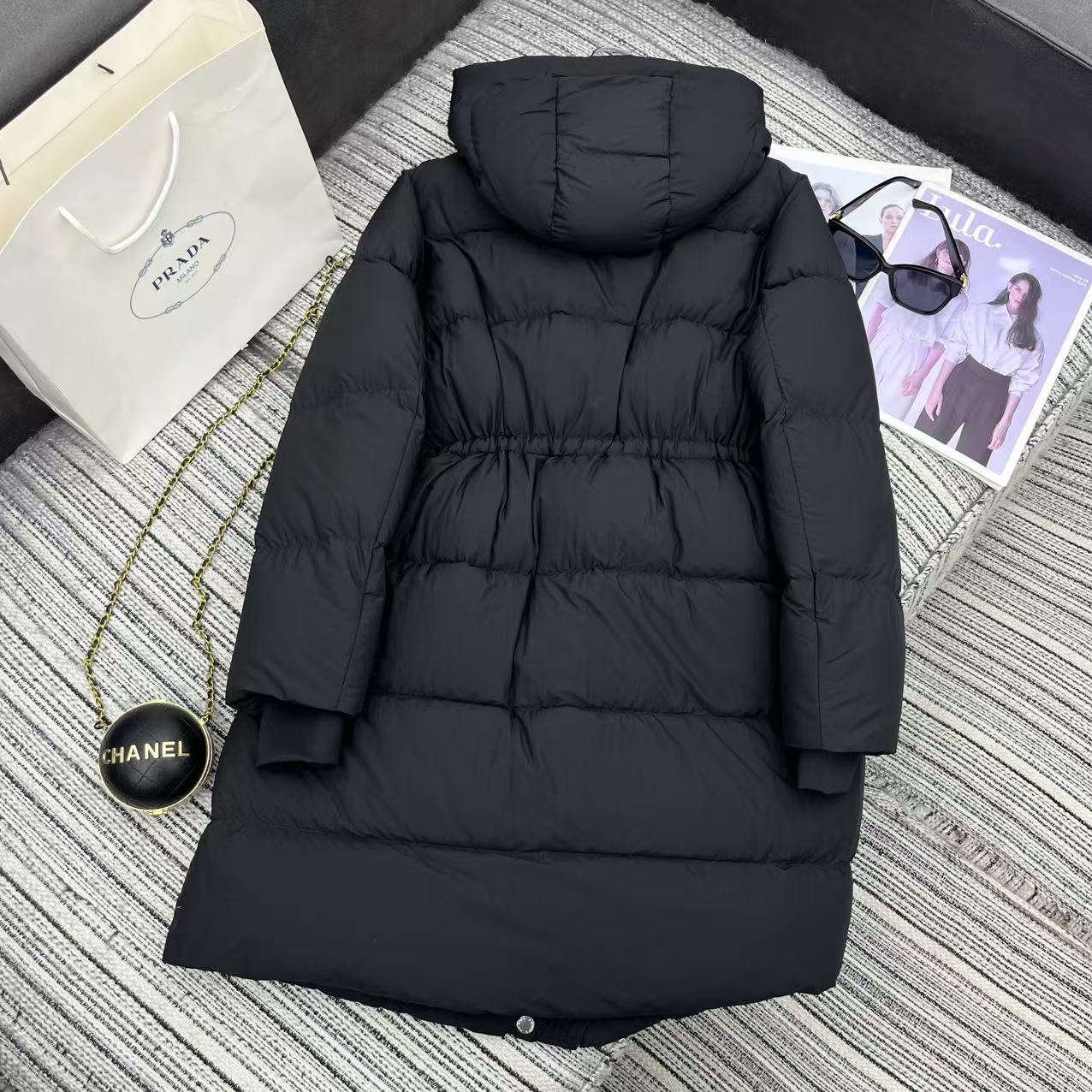 Prada 2025 Drawstring Waist Hooded Jacket Black Down Polyester