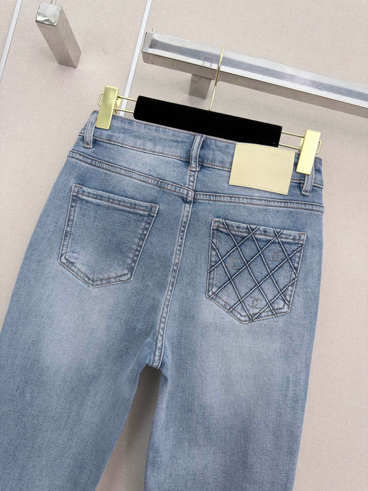 Chanel 2026 Straight-leg Jeans With Rhinestone Quilted Pockets Blue Cotton 377049