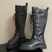 HM lace up boots belt buckle black leather