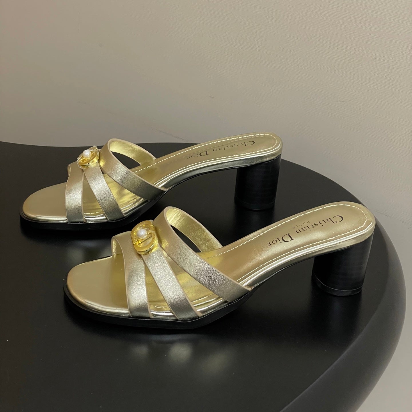 CD 26 Chunky Heel Sandals 50 Metallic Gold Leather 593521