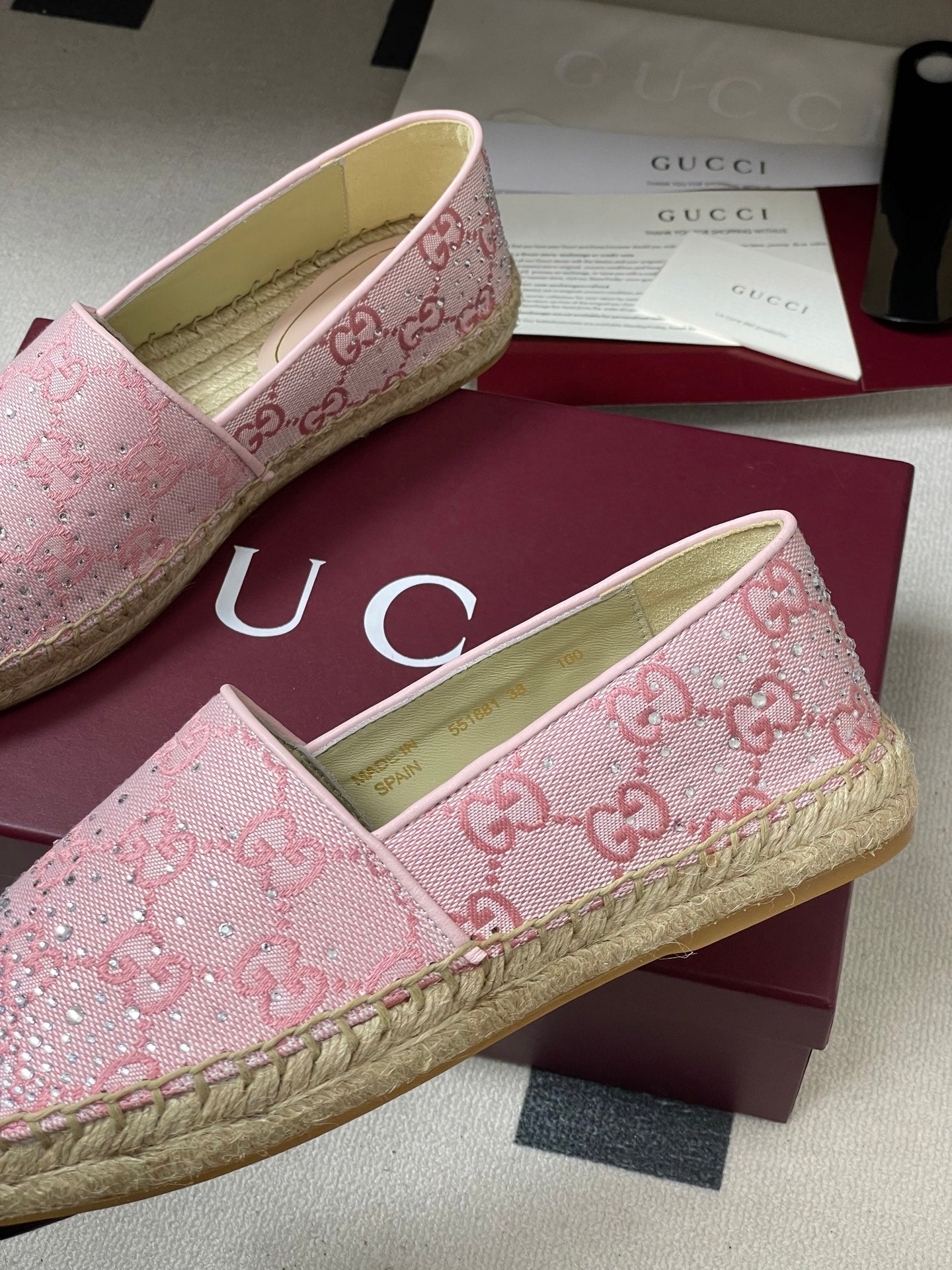 GG 26ss Slip-on Loafers Rhinestones Light Pink Double G Canvas 593498