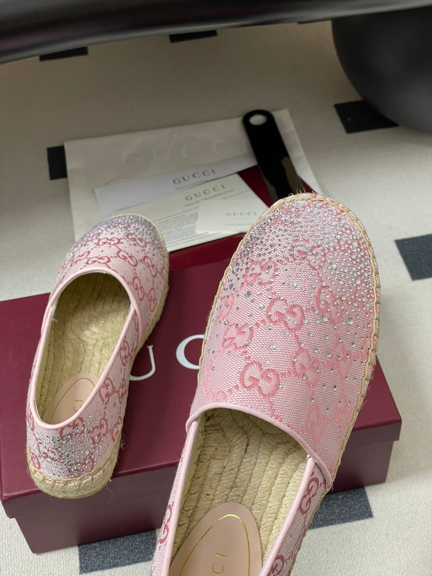 GG 26ss Slip-on Loafers Rhinestones Light Pink Double G Canvas 593498