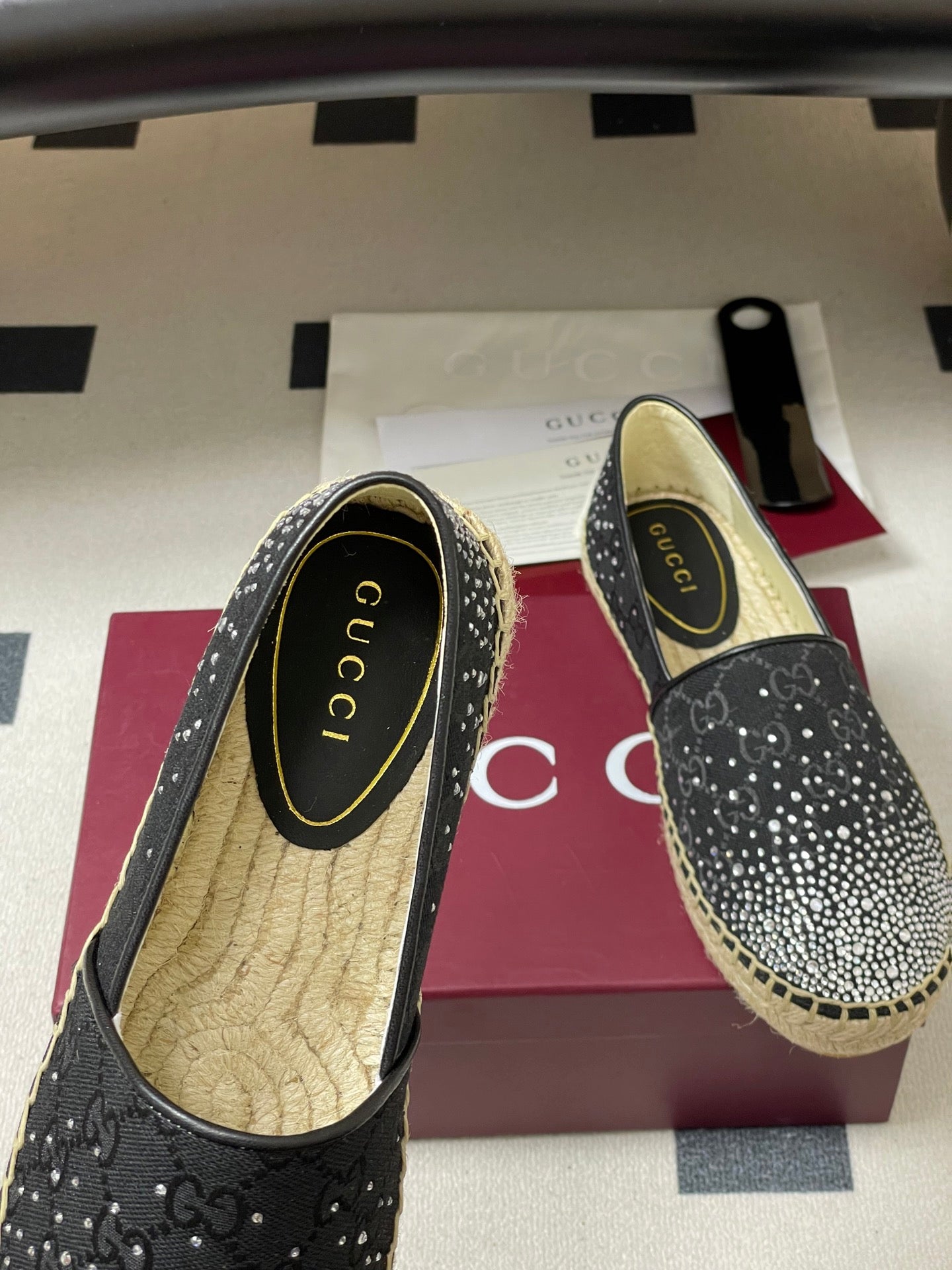 GG 26ss Slip-on Loafers Rhinestones Black Double G Canvas 593499