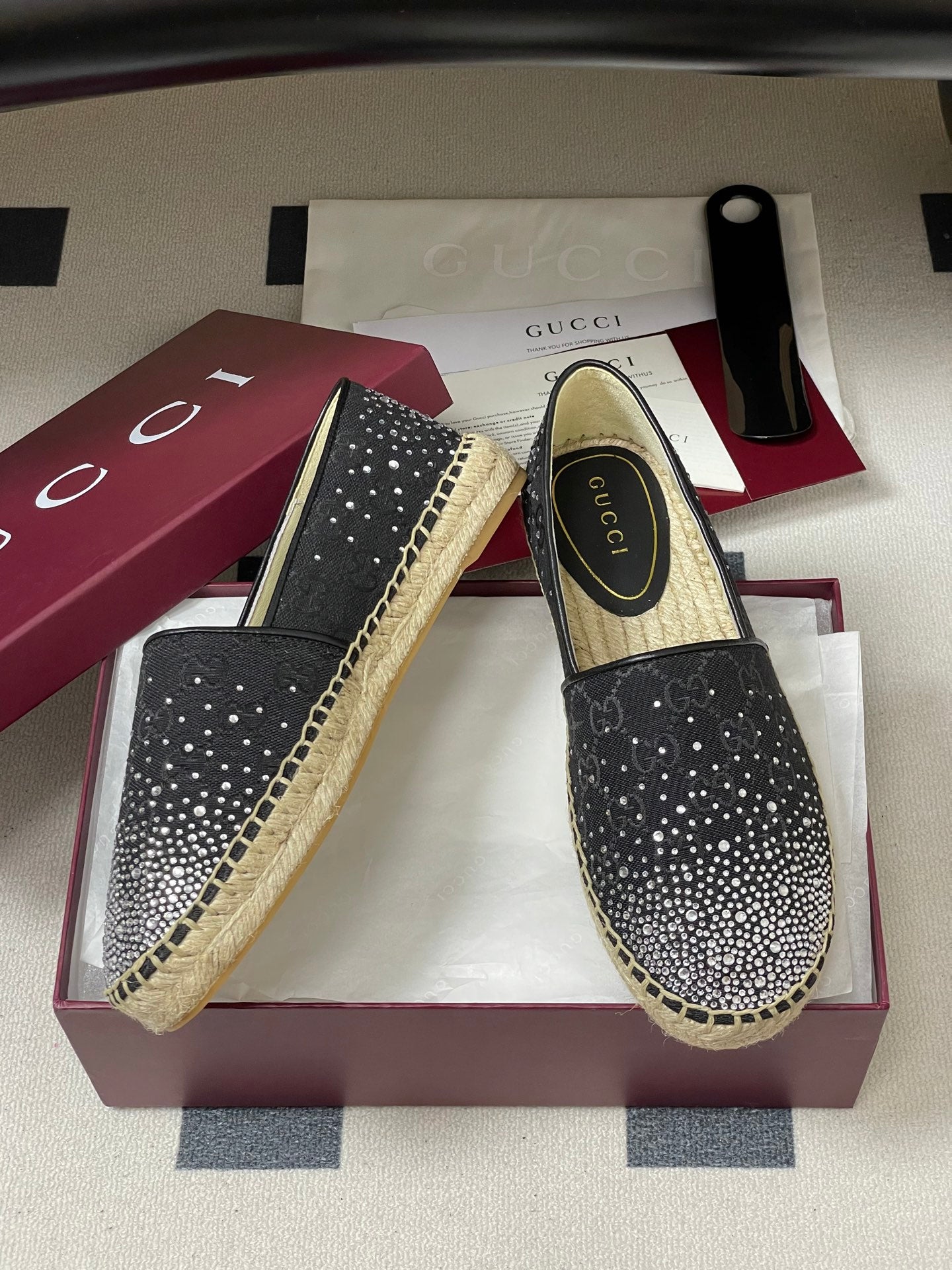 GG 26ss Slip-on Loafers Rhinestones Black Double G Canvas 593499