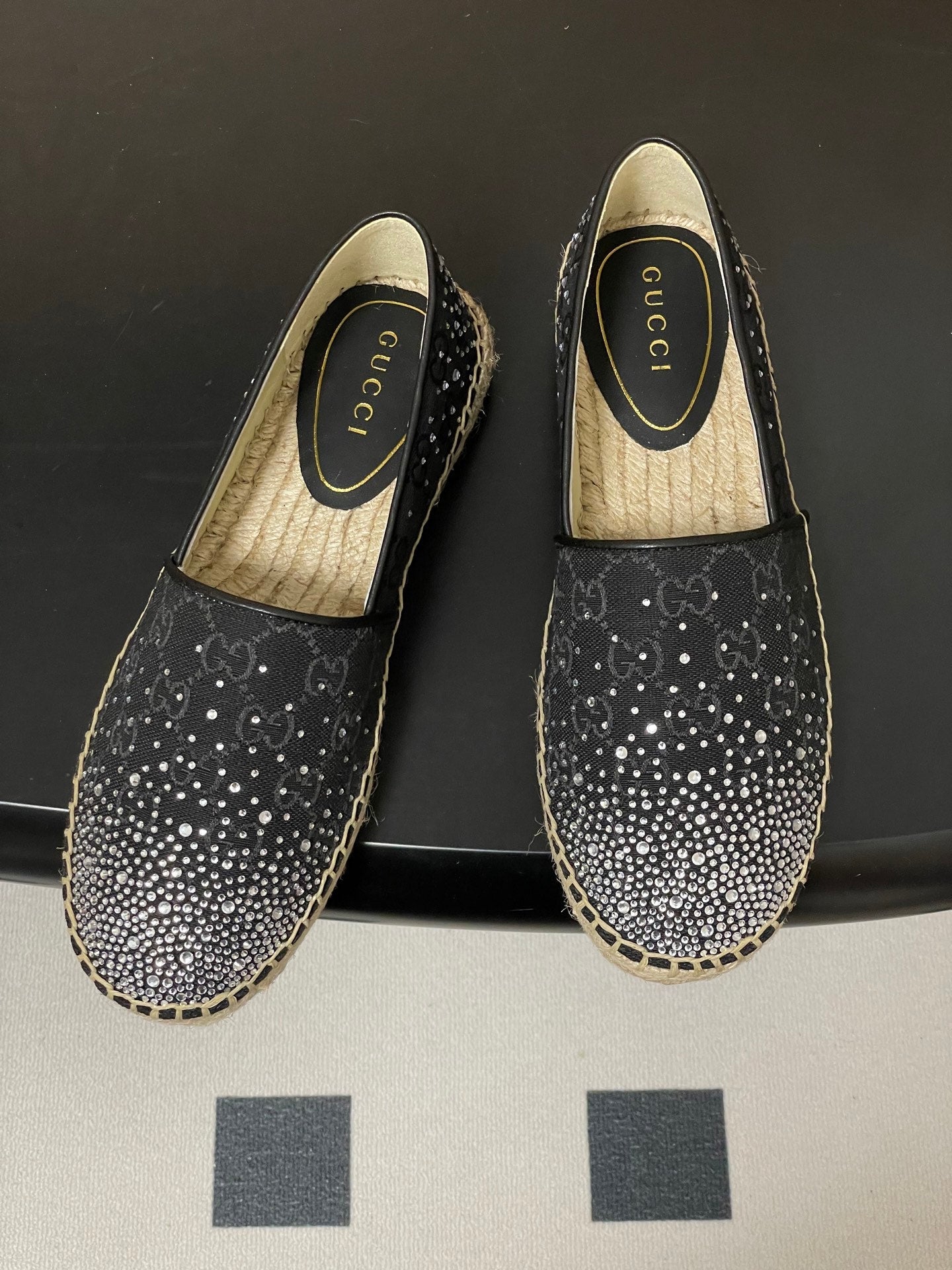 GG 26ss Slip-on Loafers Rhinestones Black Double G Canvas 593499
