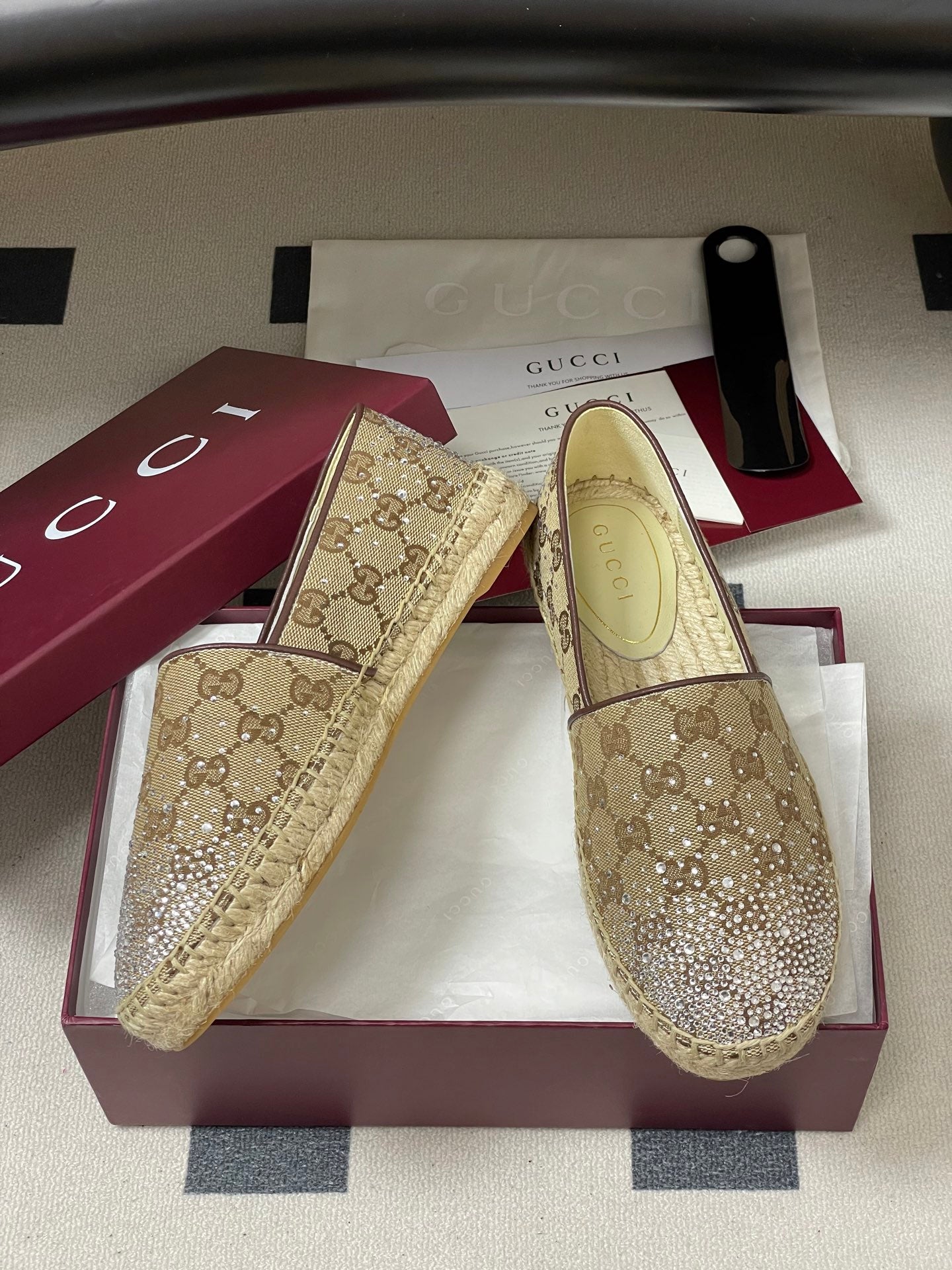 GG 26ss Slip-on Loafers Rhinestones Beige Brown Double G Canvas 593500