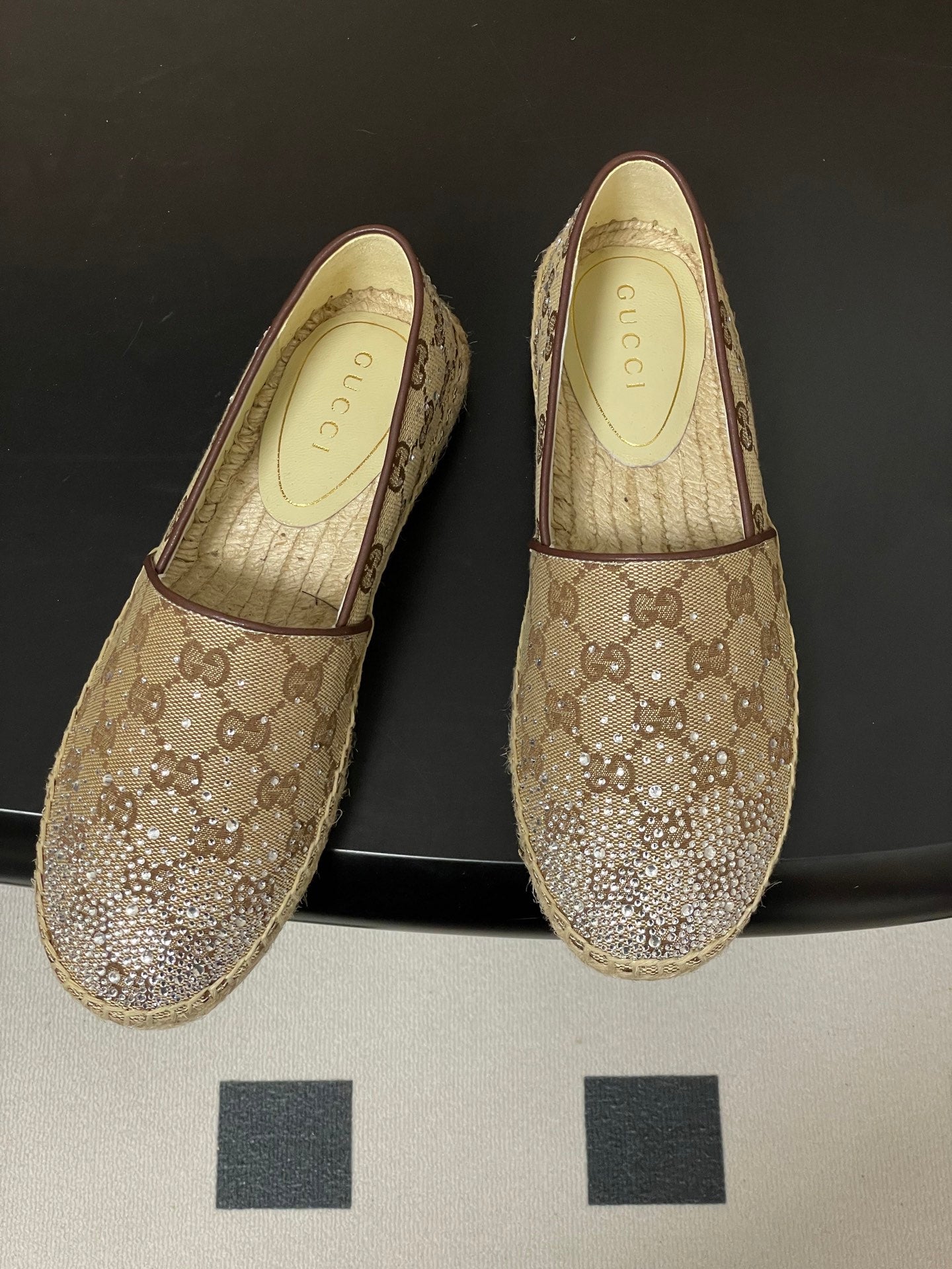 GG 26ss Slip-on Loafers Rhinestones Beige Brown Double G Canvas 593500